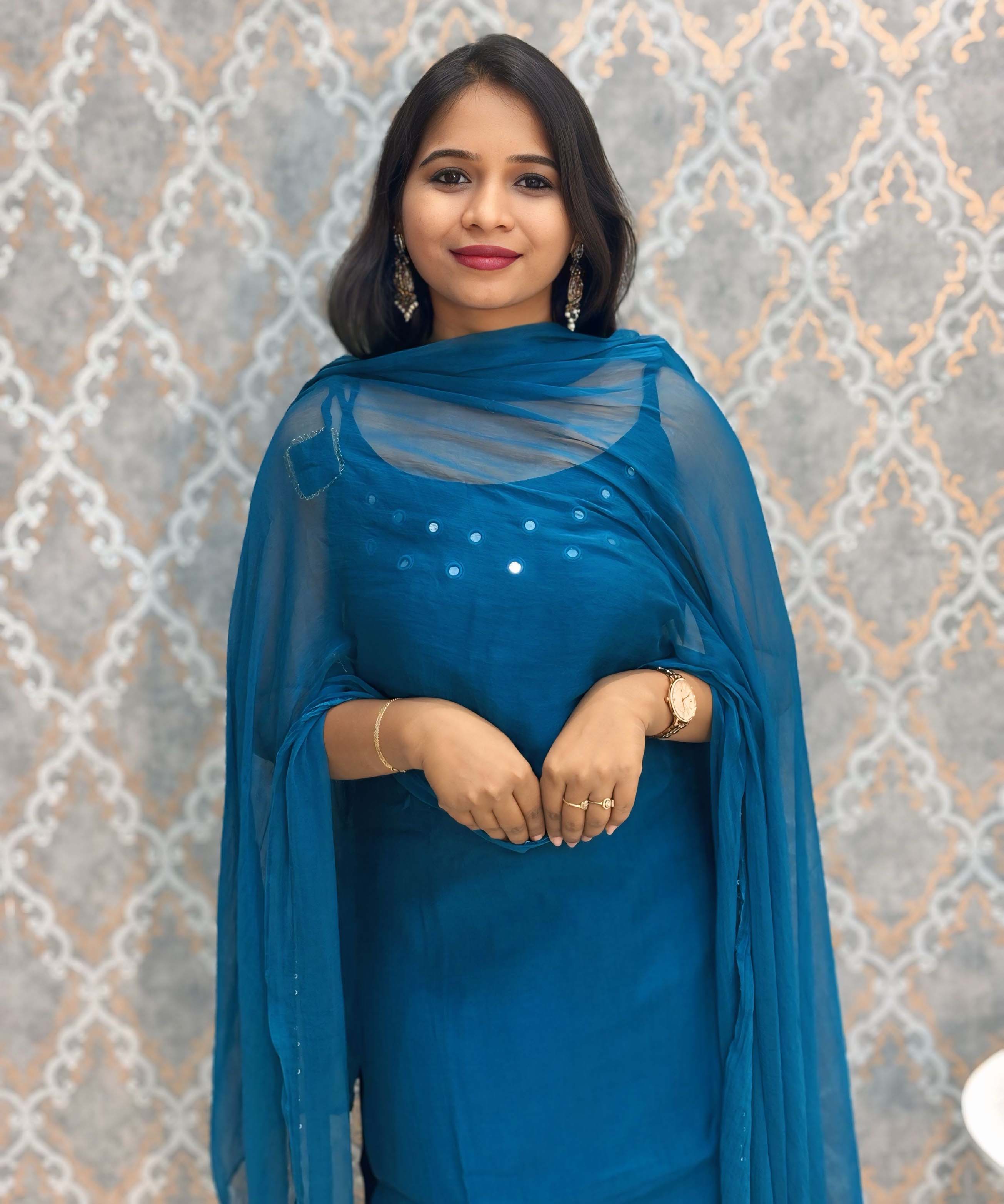 Teal Blue Color Premium Indo-Western Sleeveless 3 Piece Salwar Set / ESS323