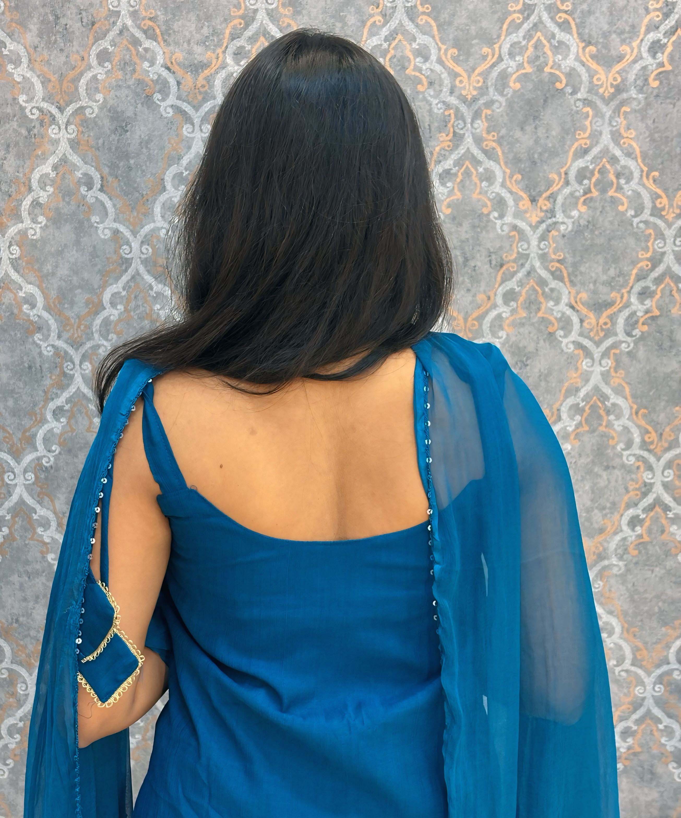 Teal Blue Color Premium Indo-Western Sleeveless 3 Piece Salwar Set / ESS323