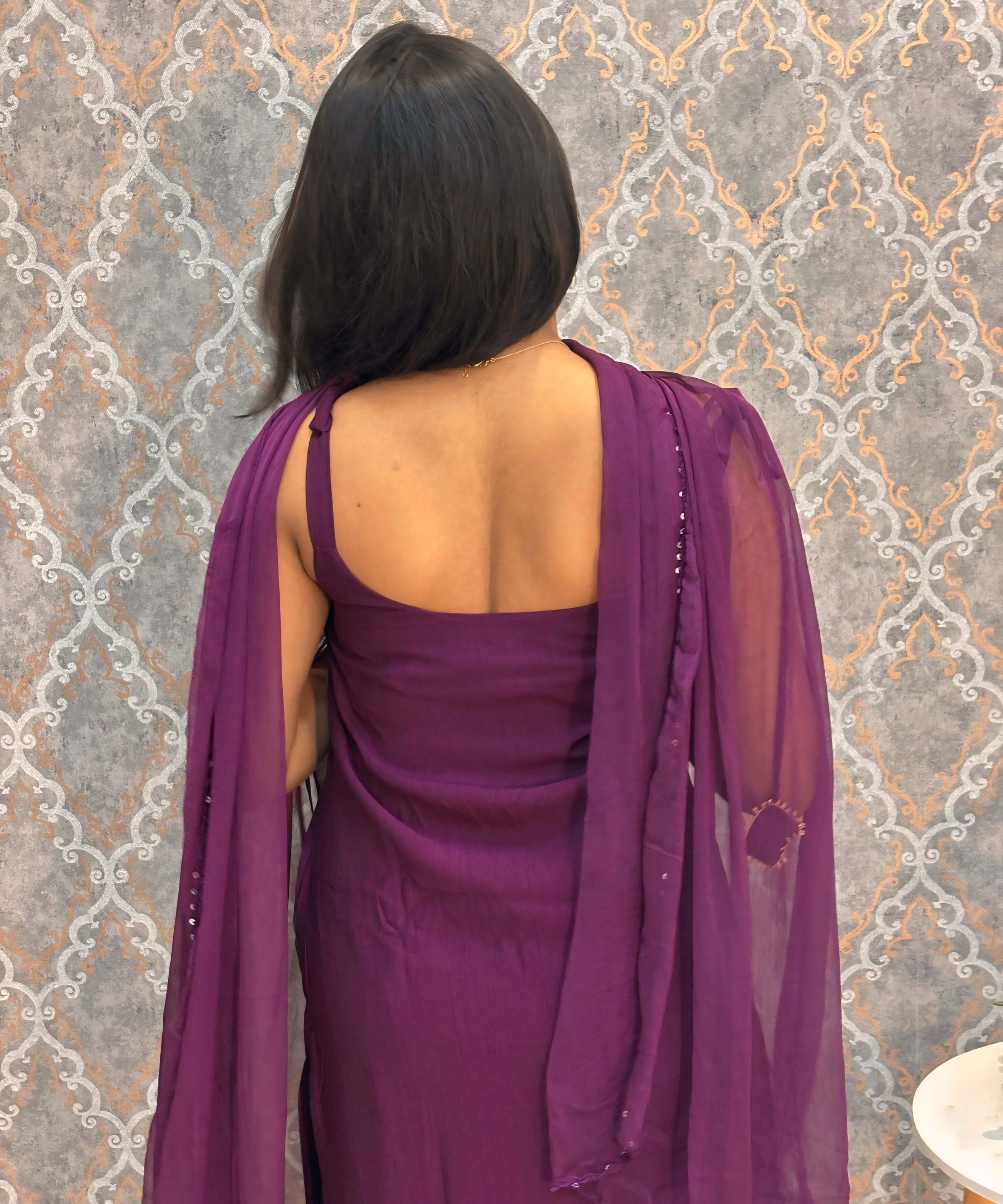 Dark Wine Color Premium Indo-Western Sleeveless 3 Piece Salwar Set / ESS323