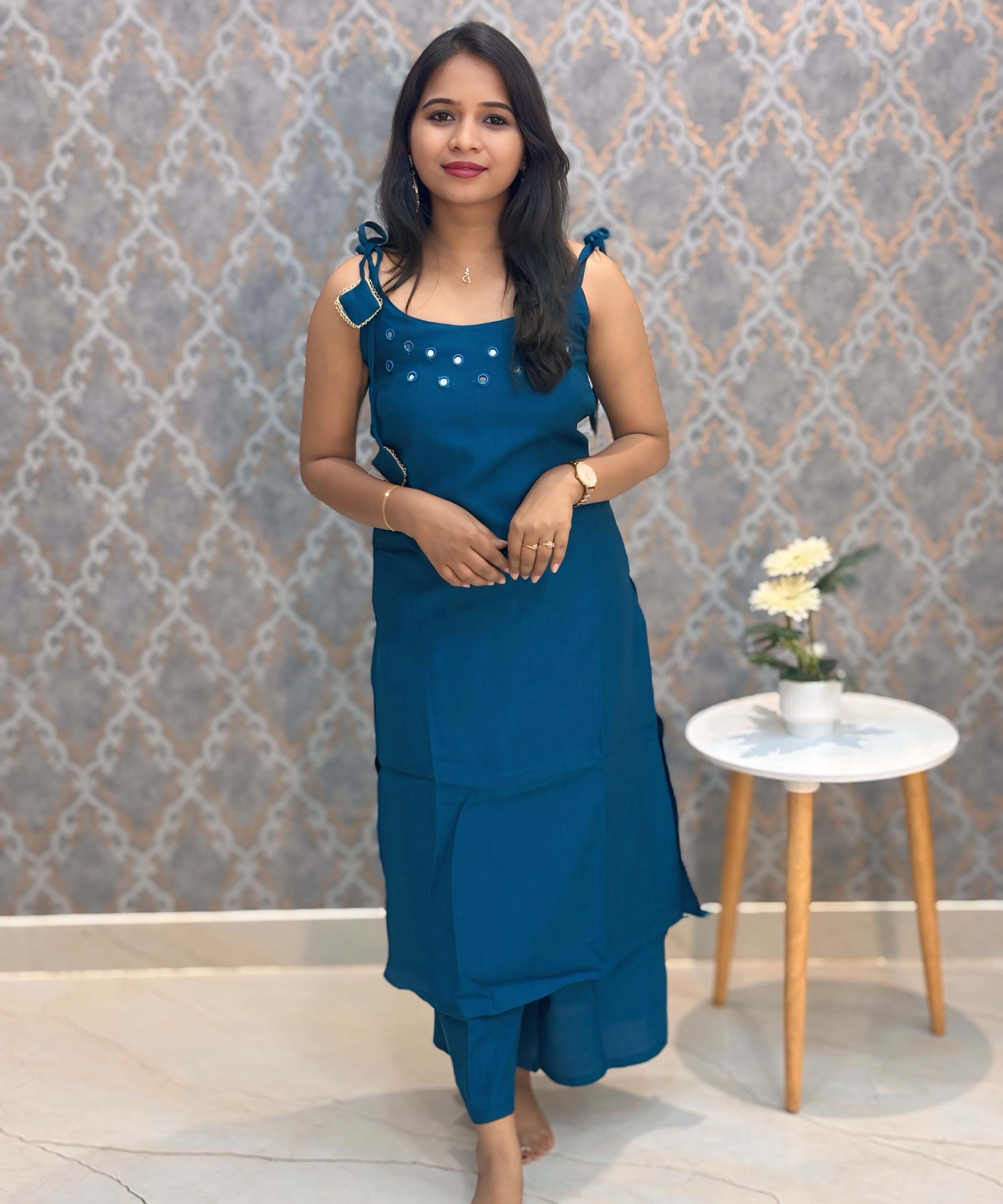 Teal Blue Color Premium Indo-Western Sleeveless 3 Piece Salwar Set / ESS323