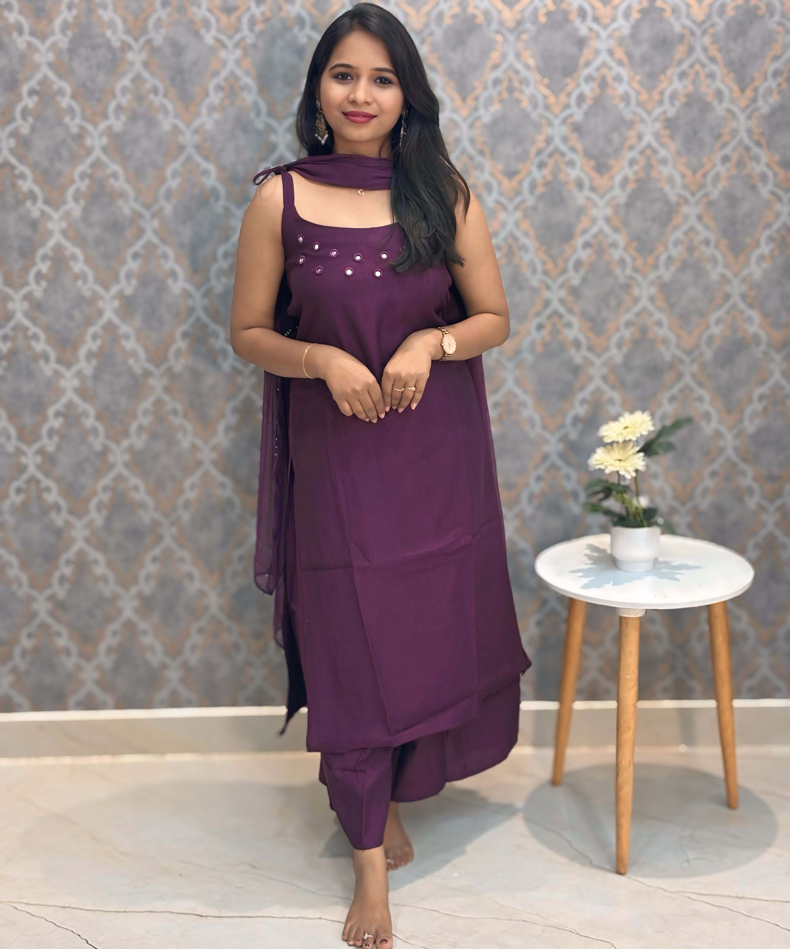 Dark Wine Color Premium Indo-Western Sleeveless 3 Piece Salwar Set / ESS323