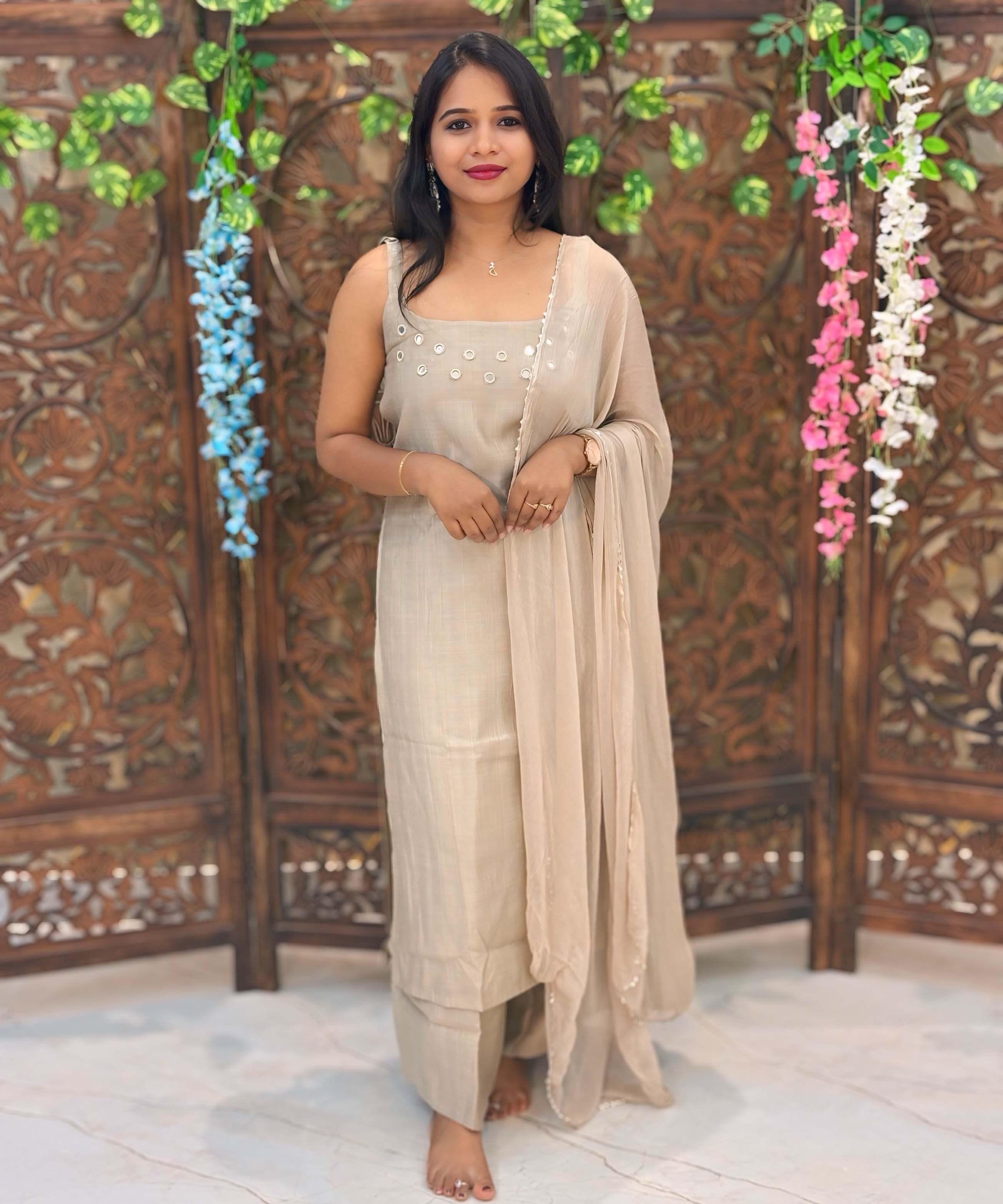 Beige Color Premium Indo-Western Sleeveless 3 Piece Salwar Set / ESS323