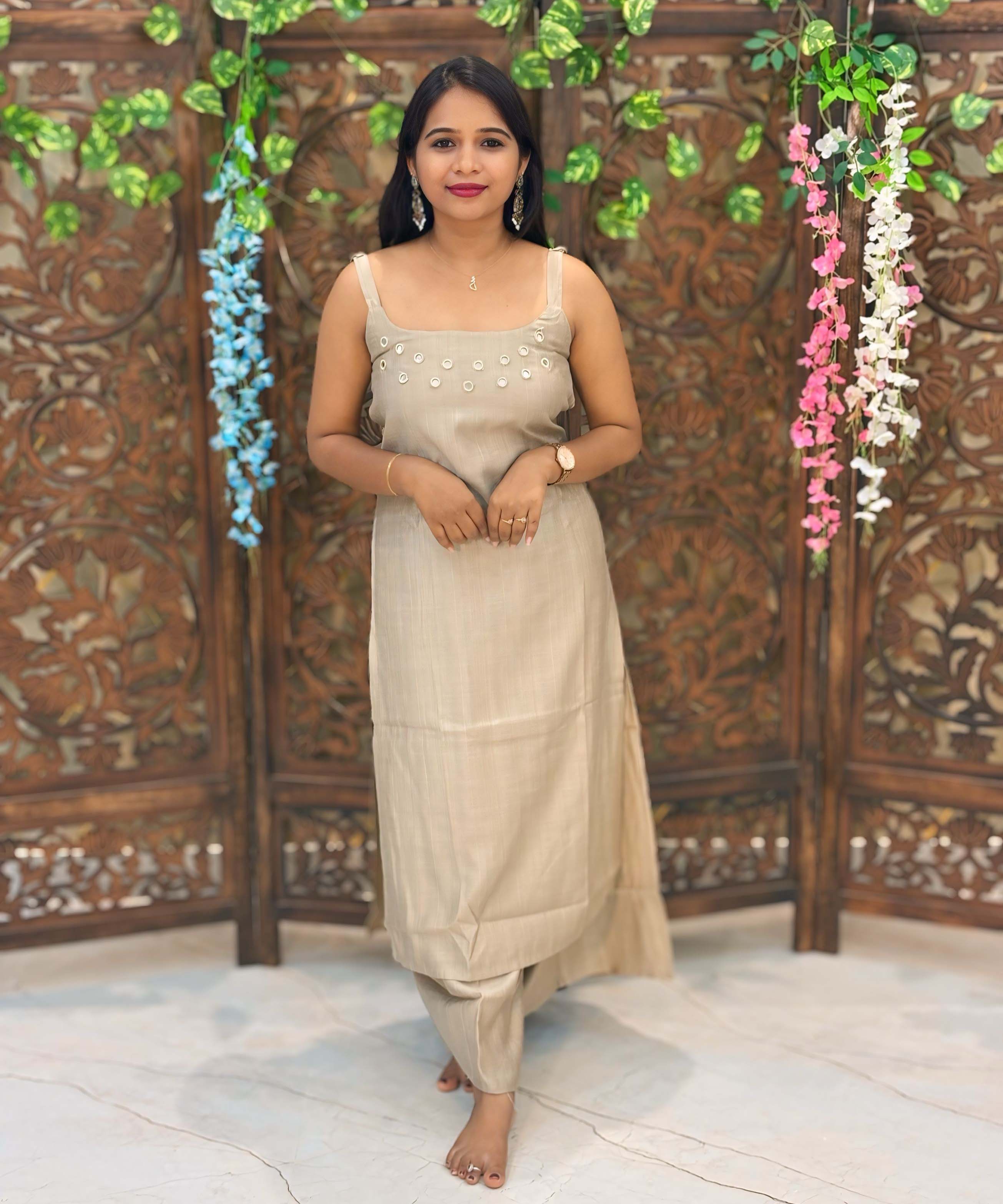 Beige Color Premium Indo-Western Sleeveless 3 Piece Salwar Set / ESS323
