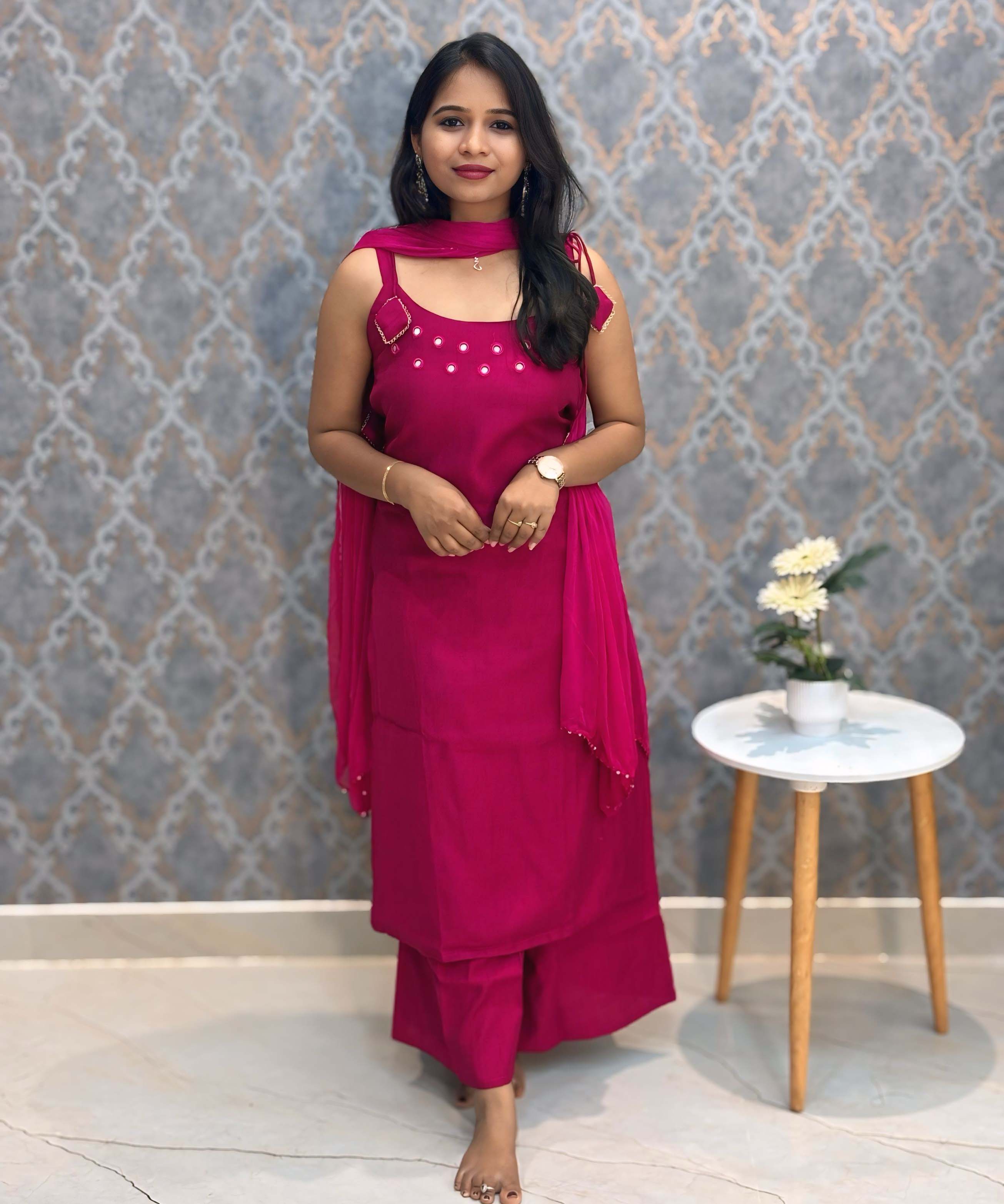 Rani Pink Color Premium Indo-Western Sleeveless 3 Piece Salwar Set / ESS323