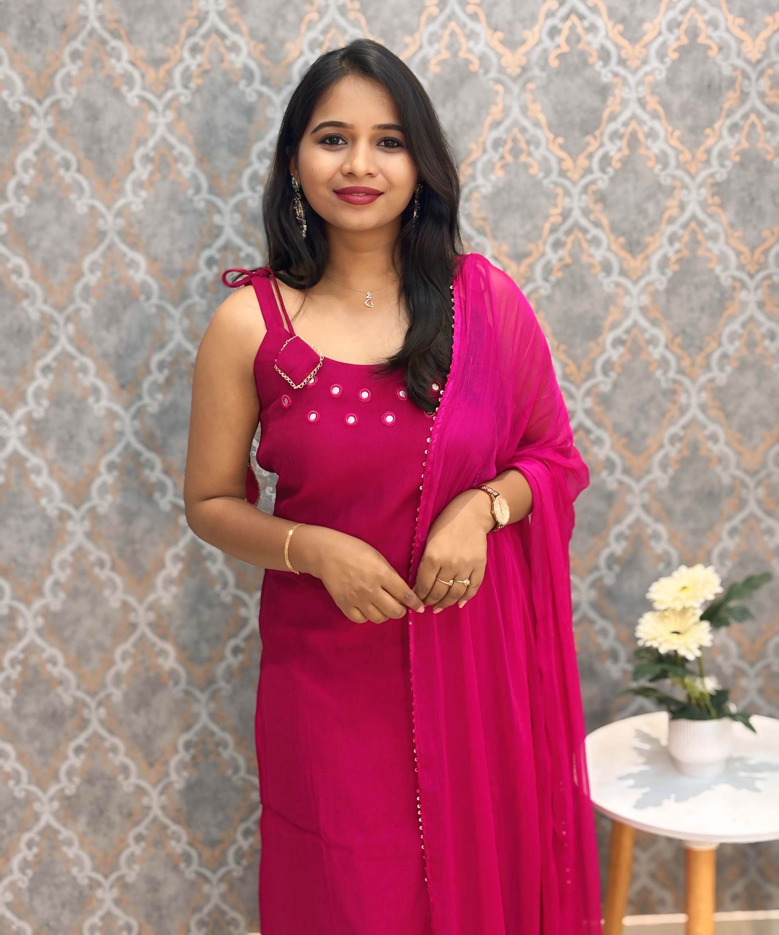 Rani Pink Color Premium Indo-Western Sleeveless 3 Piece Salwar Set / ESS323