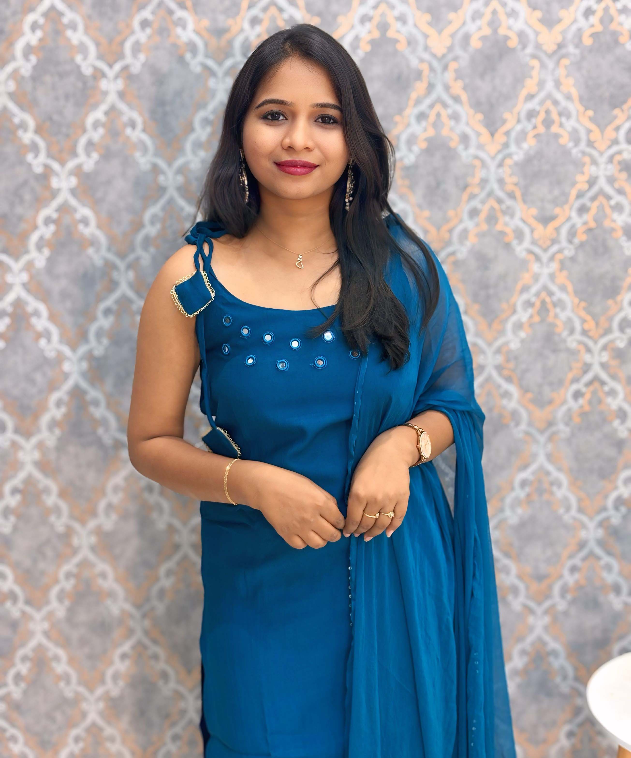 Teal Blue Color Premium Indo-Western Sleeveless 3 Piece Salwar Set / ESS323
