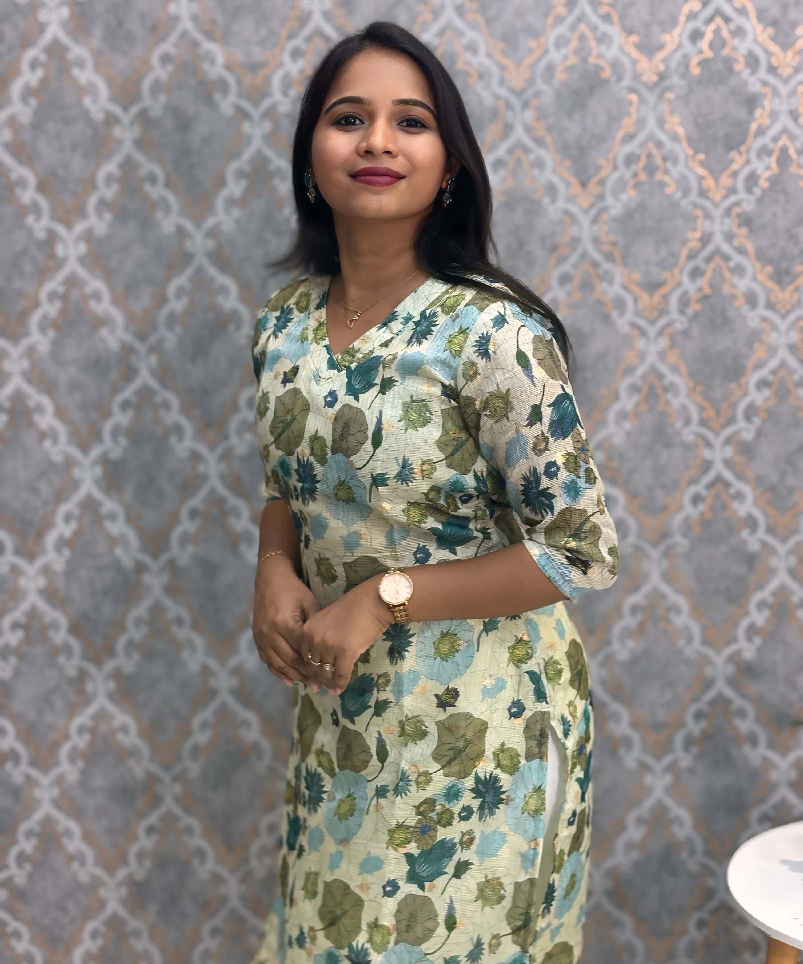 Lite Green Color V Neck Floral Premium Kota Cotton Kurti with Lining / LSS195