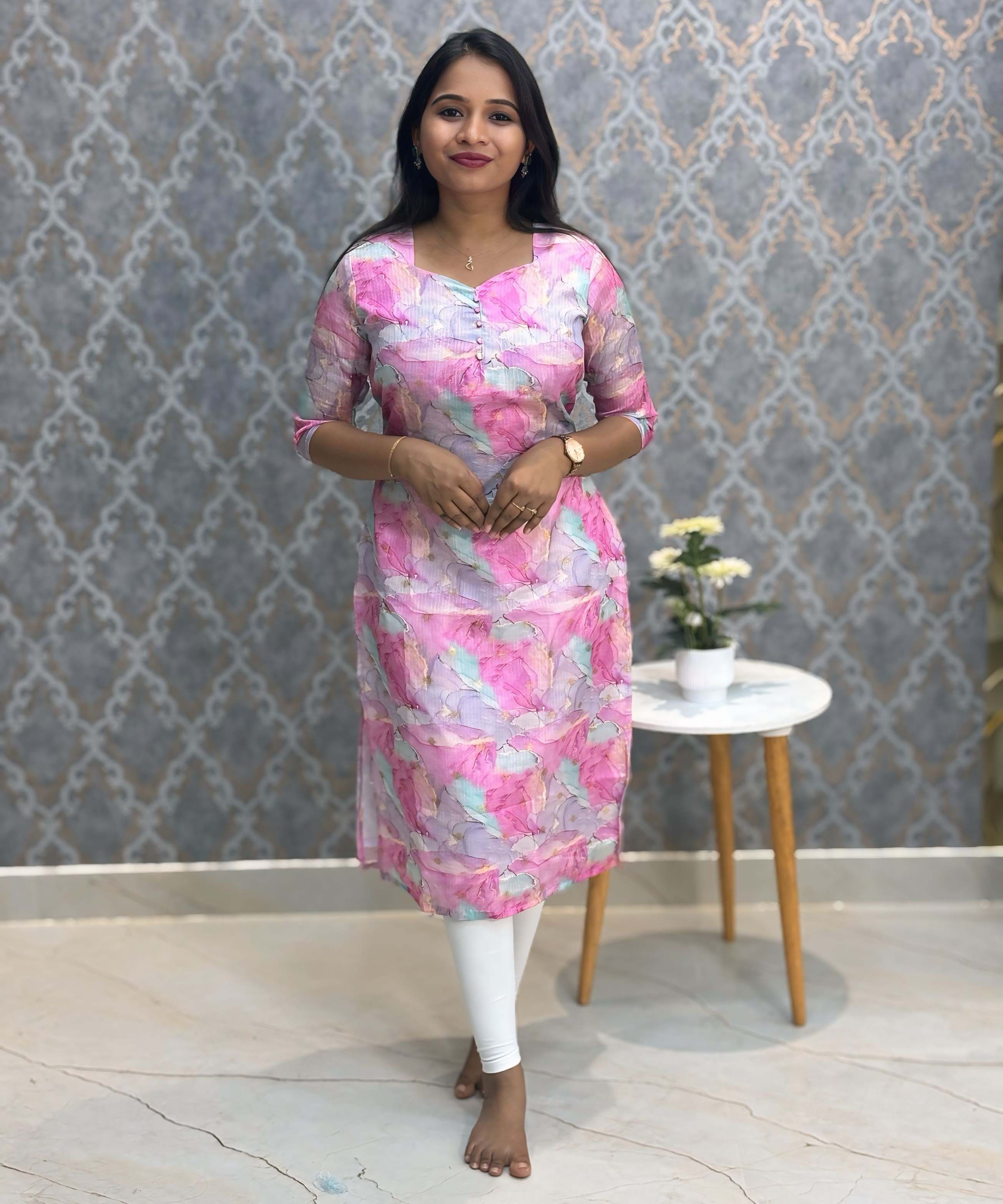 Purple and Pink Color Boat Neck Design Premium Kota Cotton Kurti with Lining / LSS195