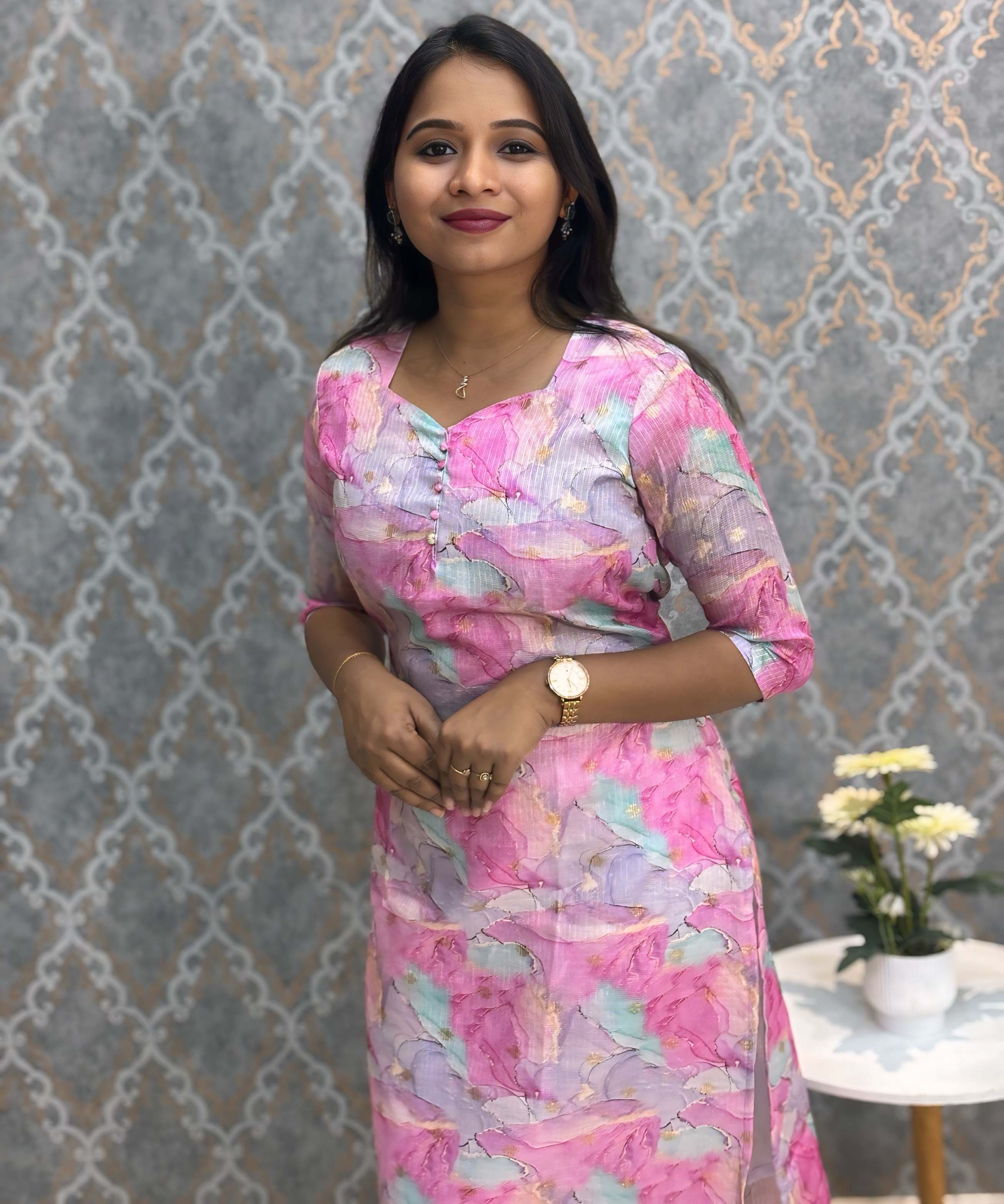 Purple and Pink Color Boat Neck Design Premium Kota Cotton Kurti with Lining / LSS195