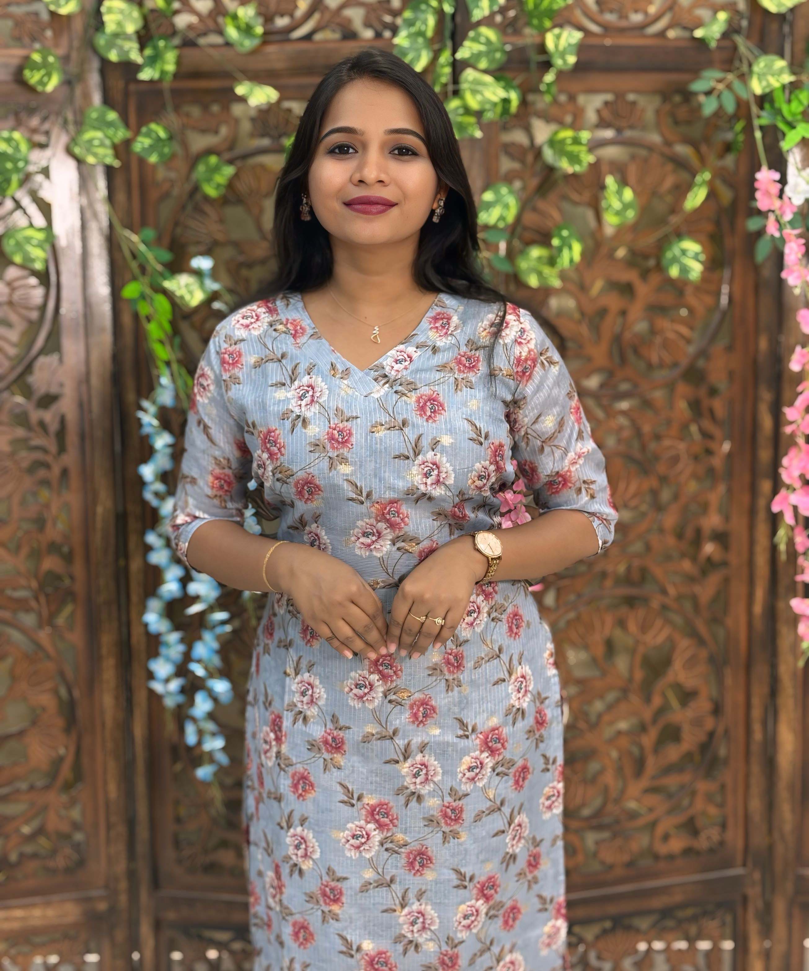 Gray Color V Neck Floral Design Premium Kota Cotton Kurti with Lining / LSS195