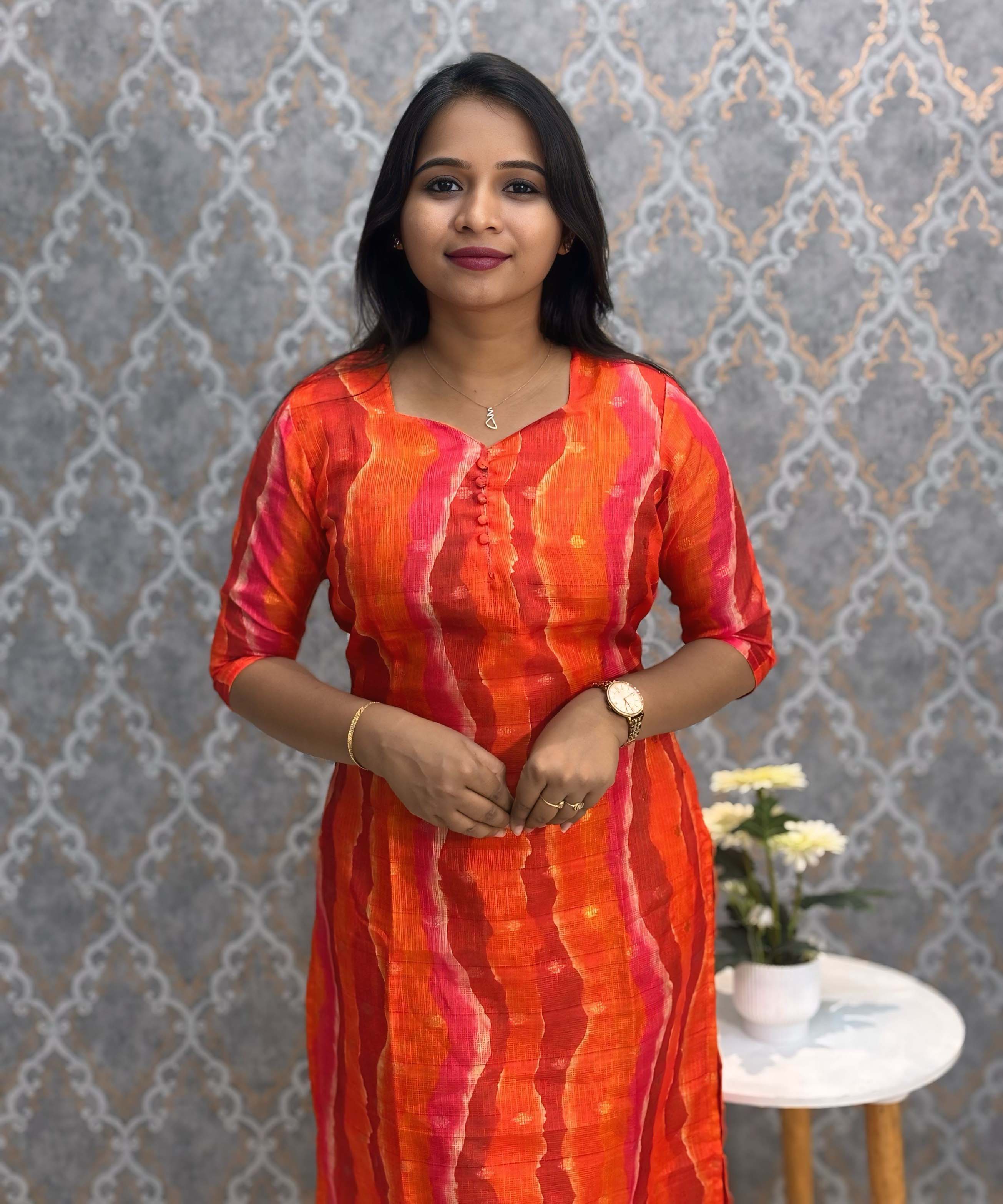 Dark Orange Color Sweet Heart Neck Premium Kota Cotton Kurti with Lining / LSS195