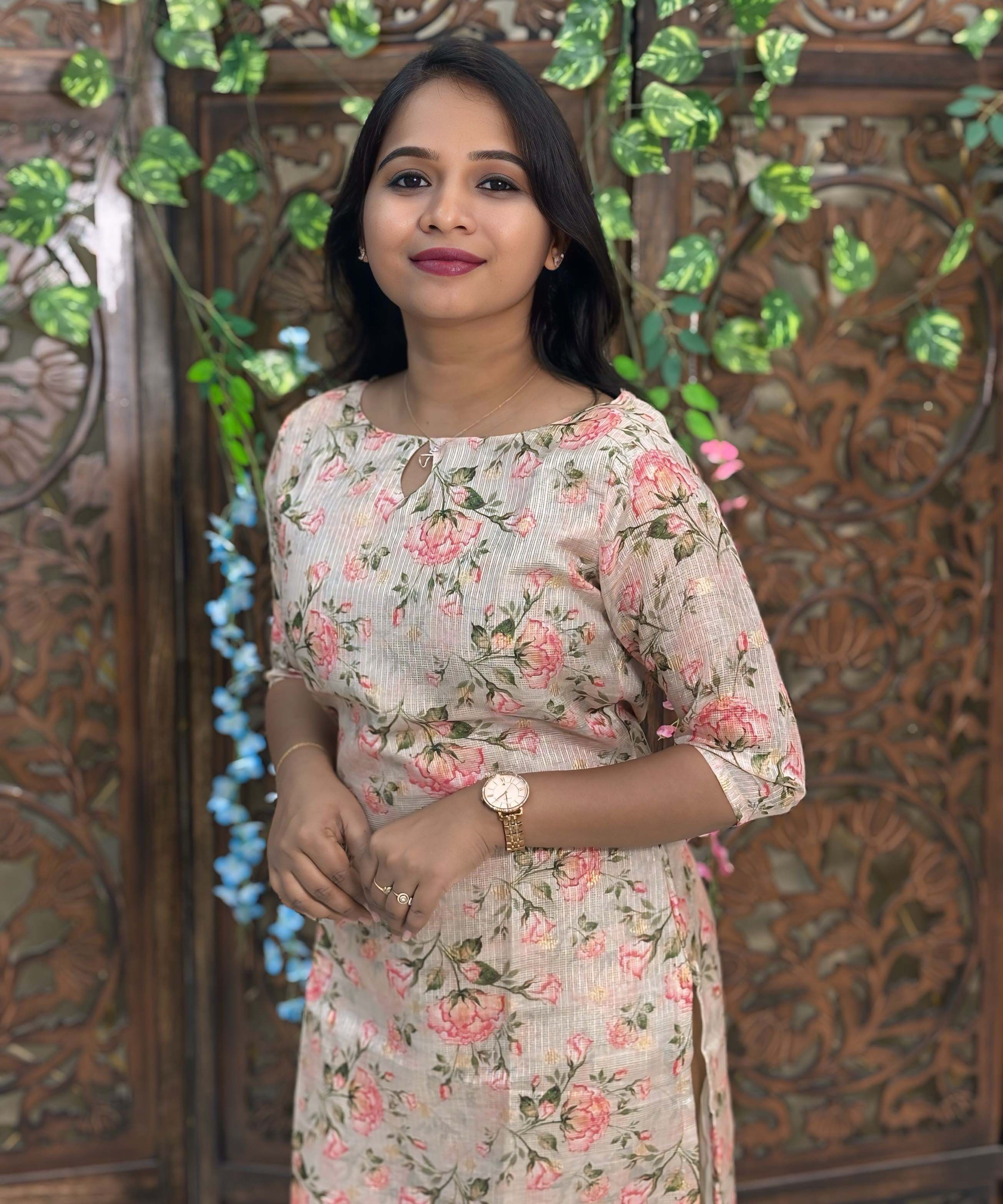 Gloden Color Boat Neck Floral Design Premium Kota Cotton Kurti with Lining / LSS195