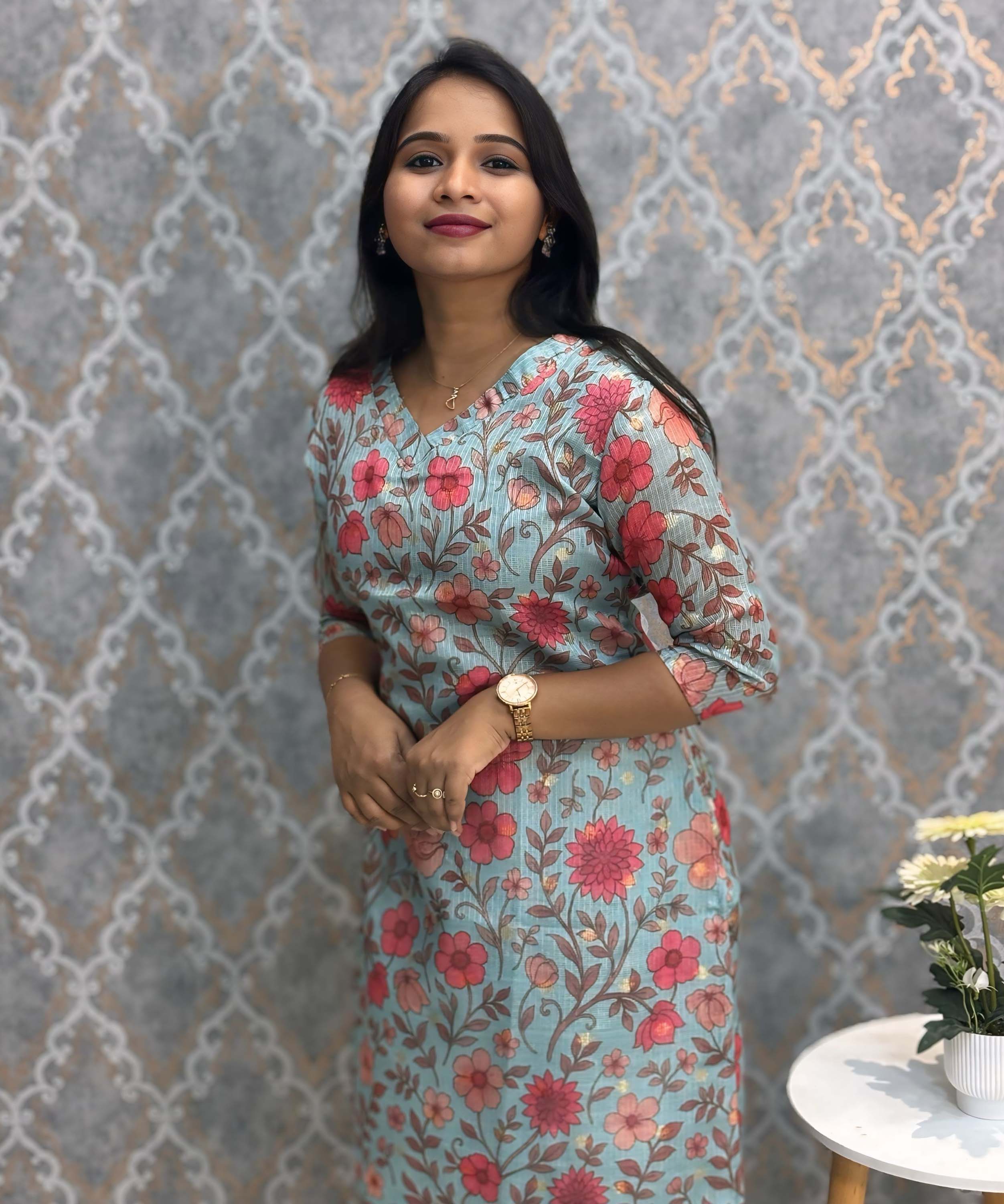 Rama Green Color V Neck Floral Design Premium Kota Cotton Kurti with Lining / LSS195
