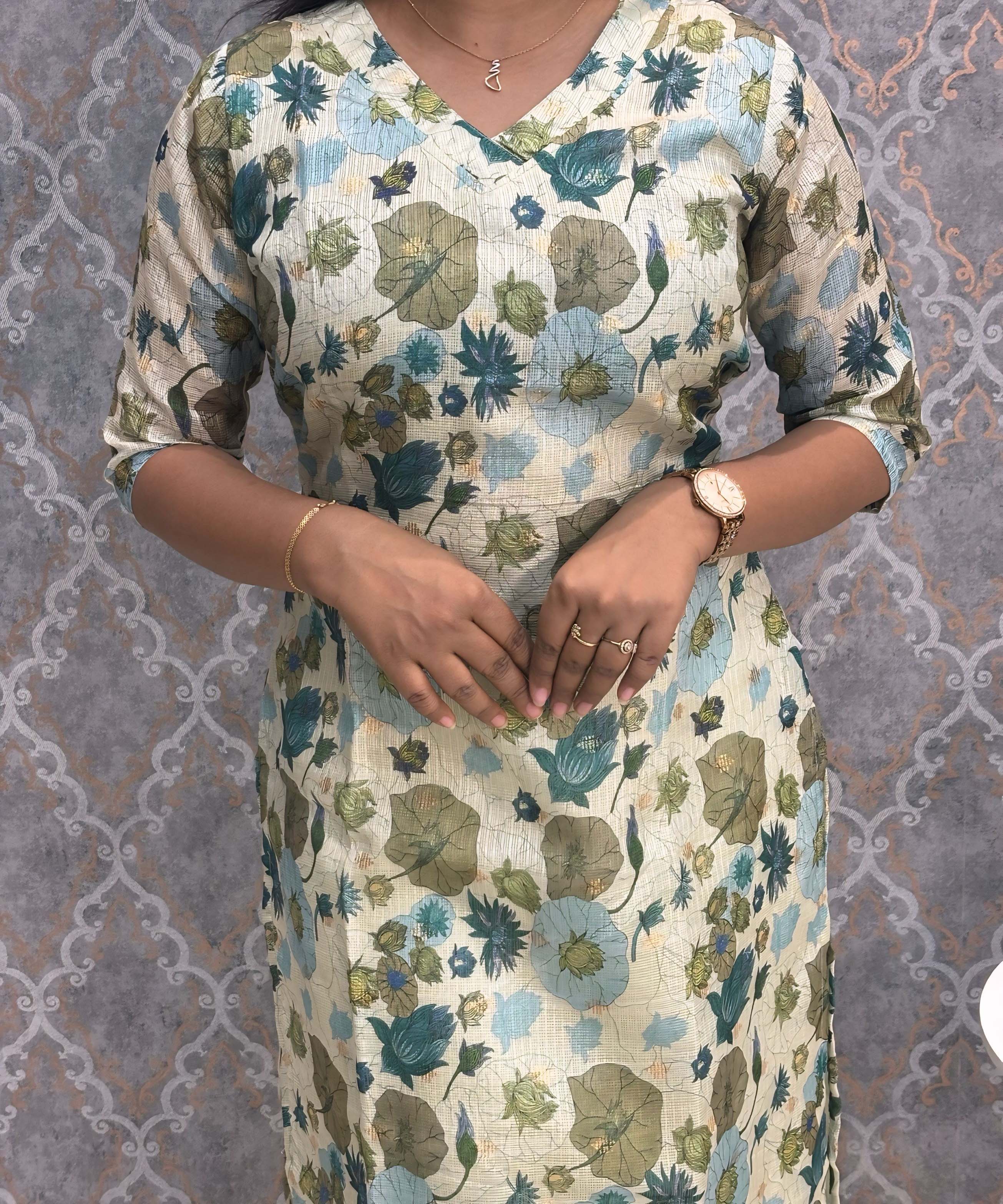 Lite Green Color V Neck Floral Premium Kota Cotton Kurti with Lining / LSS195