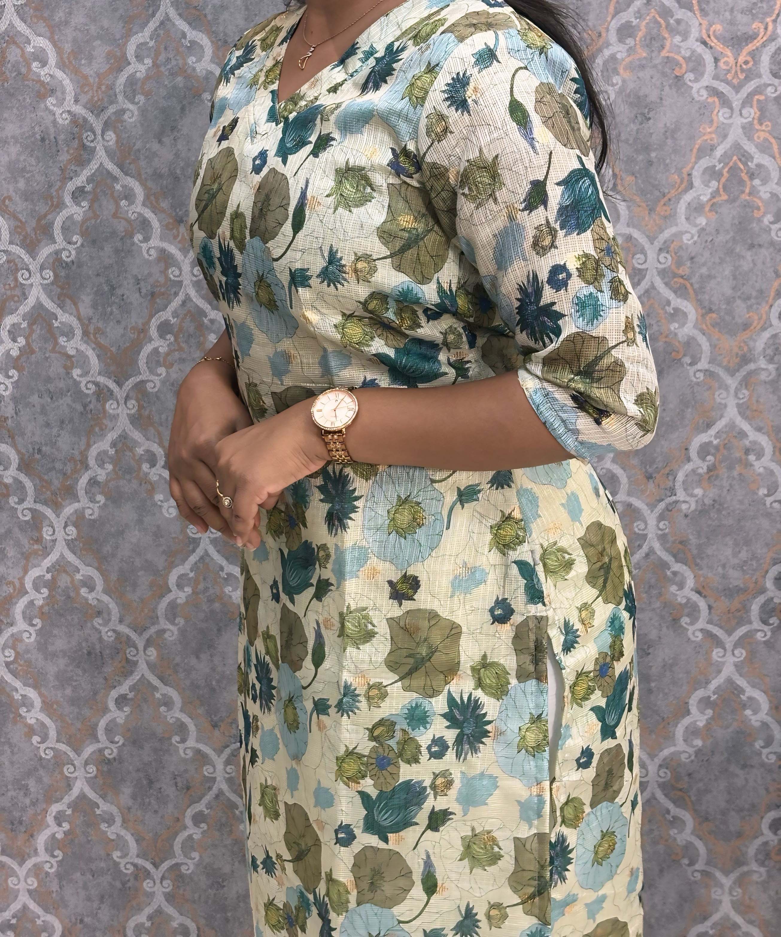 Lite Green Color V Neck Floral Premium Kota Cotton Kurti with Lining / LSS195