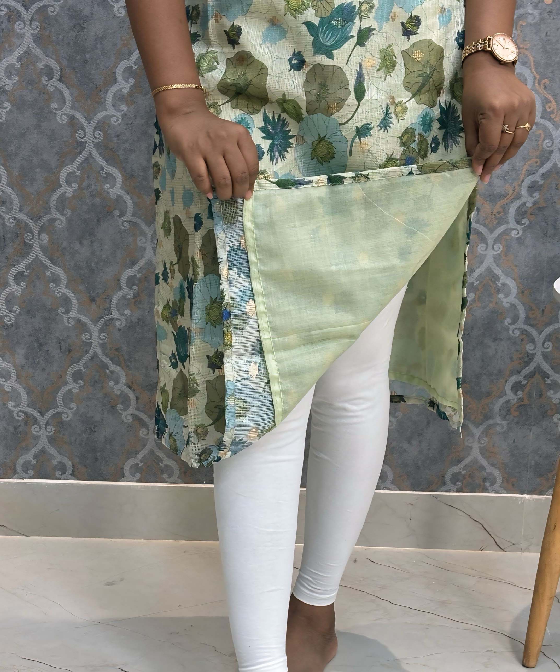 Lite Green Color V Neck Floral Premium Kota Cotton Kurti with Lining / LSS195