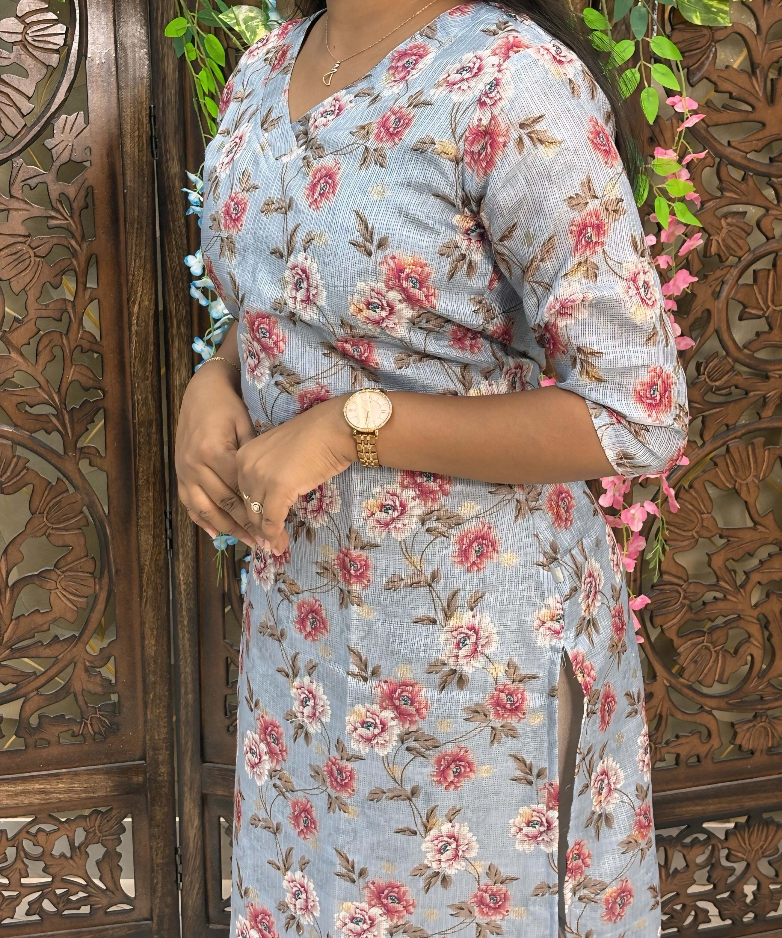 Gray Color V Neck Floral Design Premium Kota Cotton Kurti with Lining / LSS195
