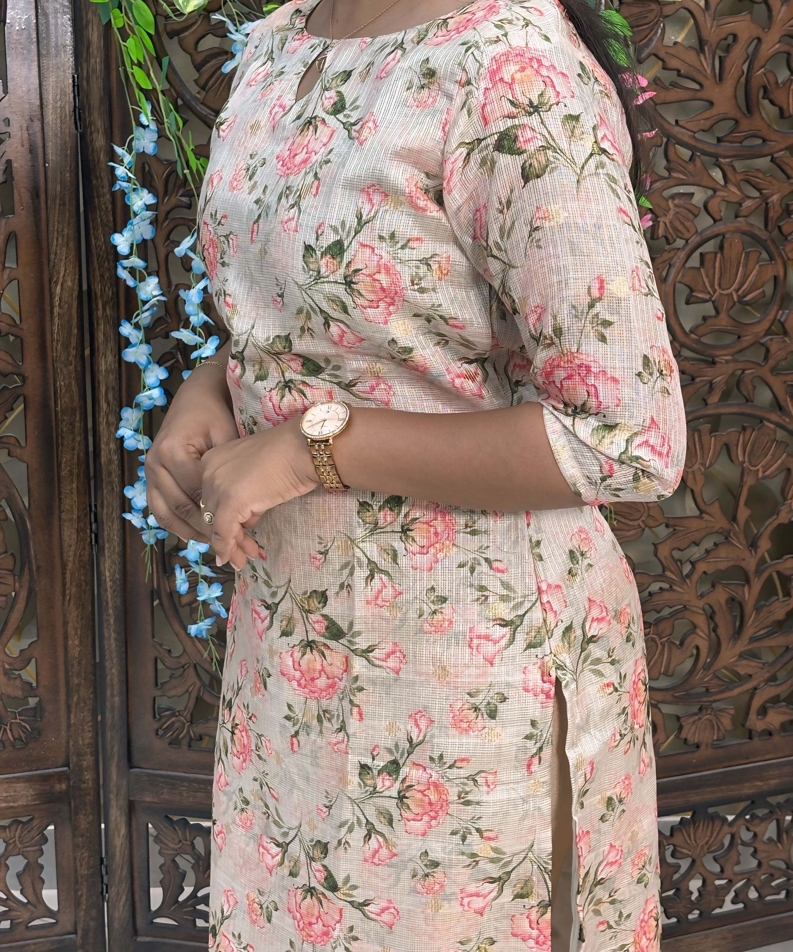 Gloden Color Boat Neck Floral Design Premium Kota Cotton Kurti with Lining / LSS195