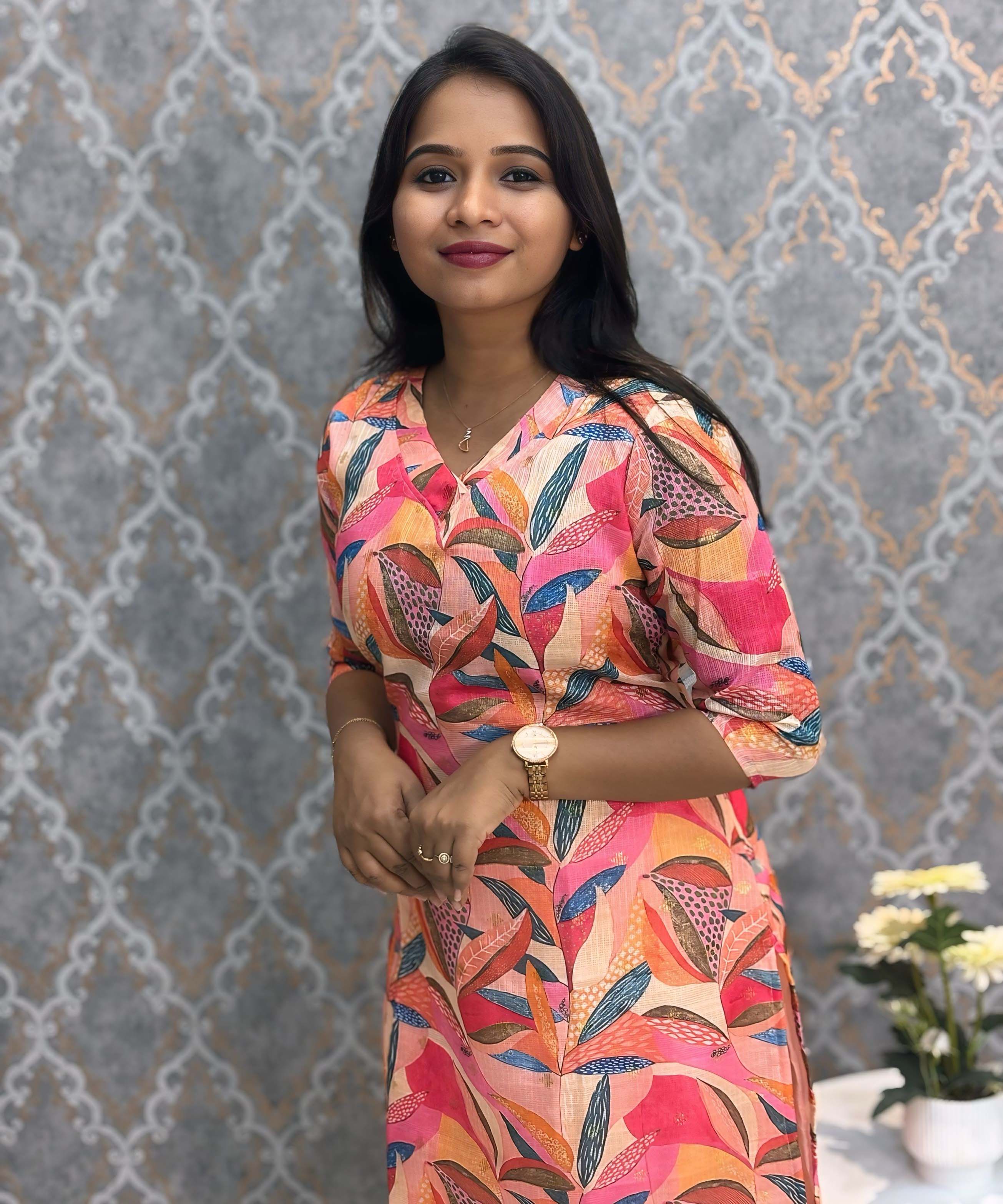 Orange and Multi Color V Neck Premium Kota Cotton Kurti with Lining / LSS195