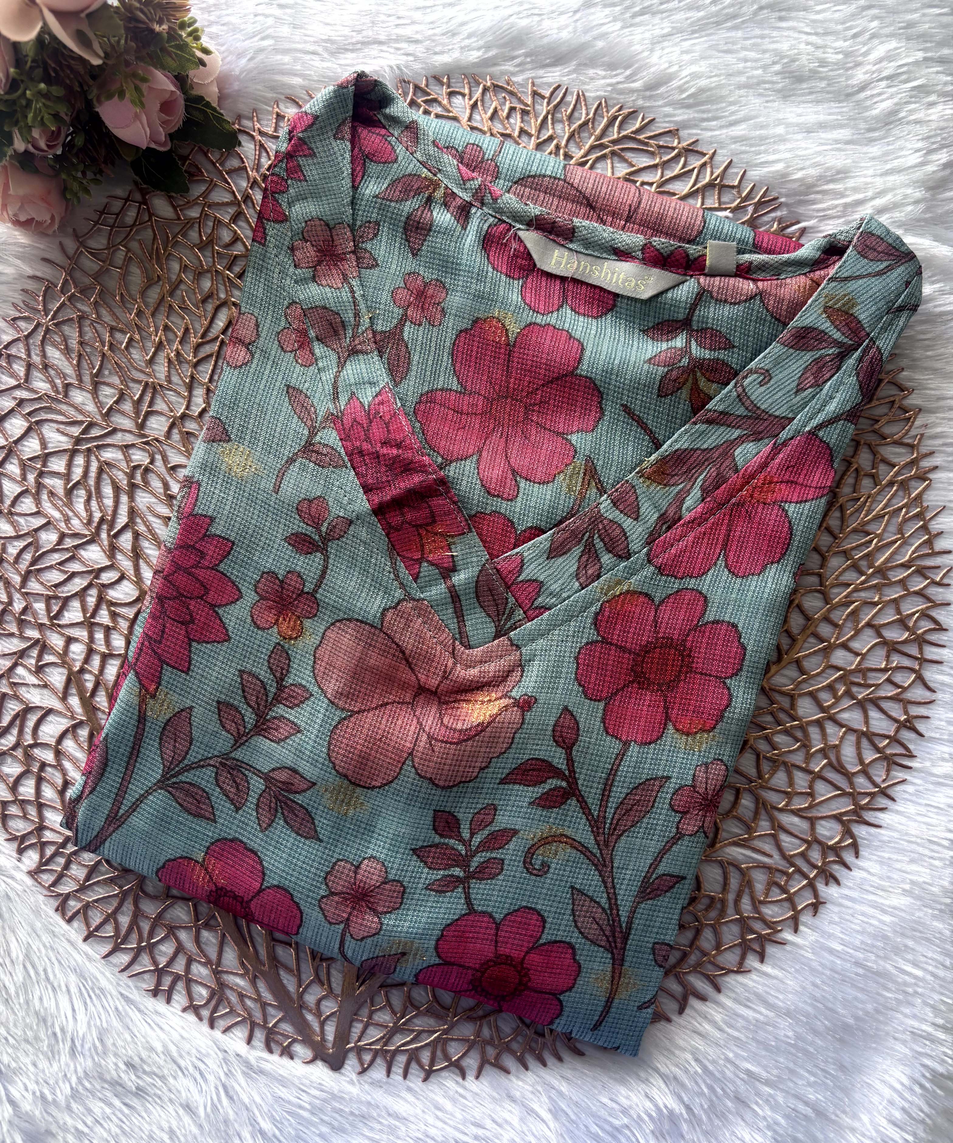 Rama Green Color V Neck Floral Design Premium Kota Cotton Kurti with Lining / LSS195