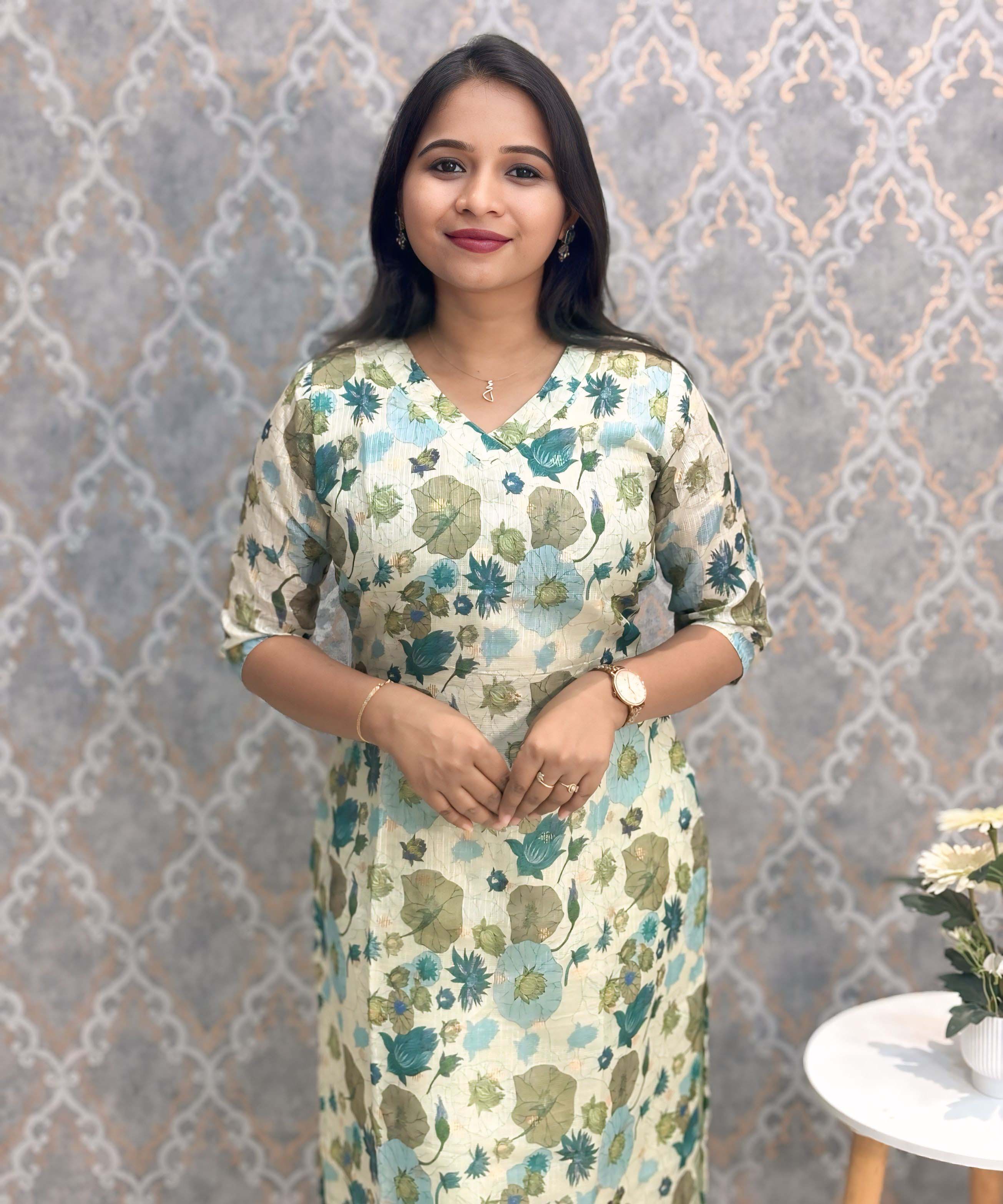 Lite Green Color V Neck Floral Premium Kota Cotton Kurti with Lining / LSS195