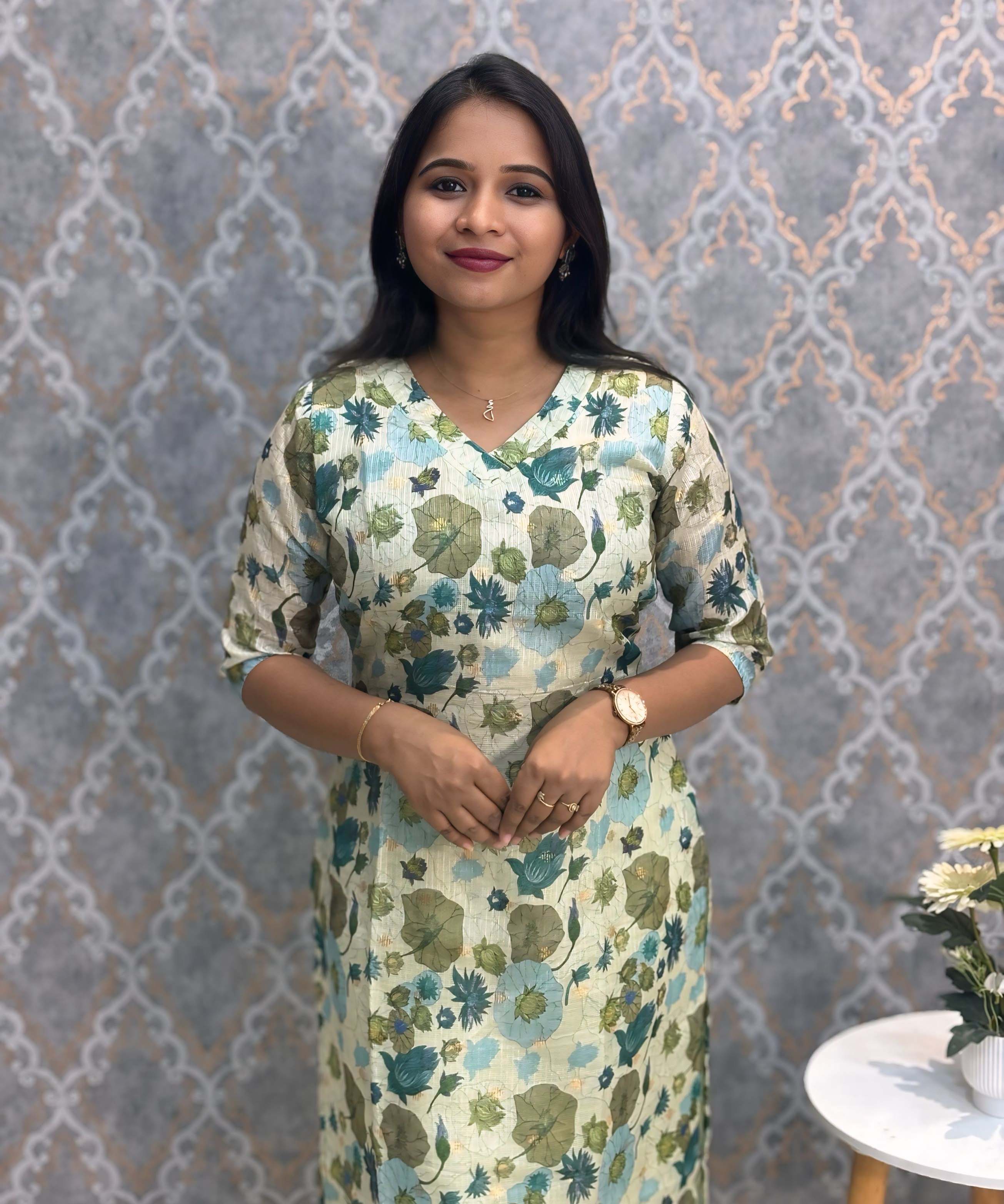 Lite Green Color V Neck Floral Premium Kota Cotton Kurti with Lining / LSS195