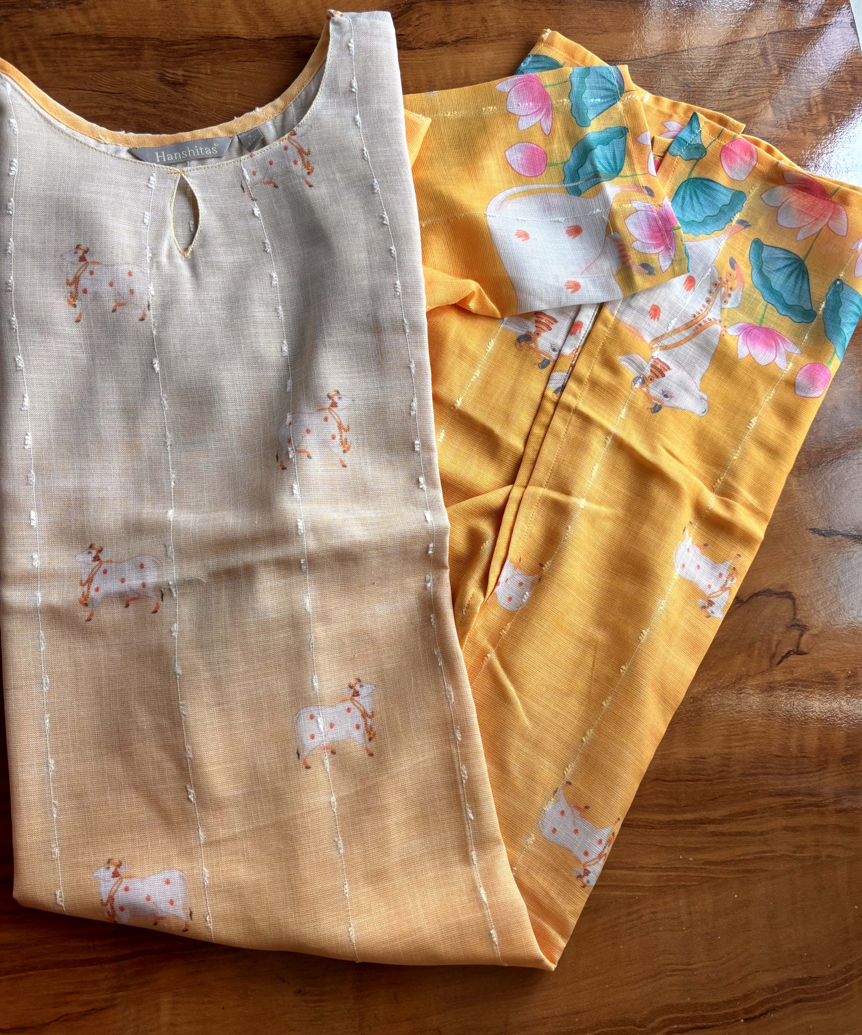 Beige and Yellow Color Floral Design Boat Neck Premium Linen Bubble Cotton Kurti with Lining / LSS167