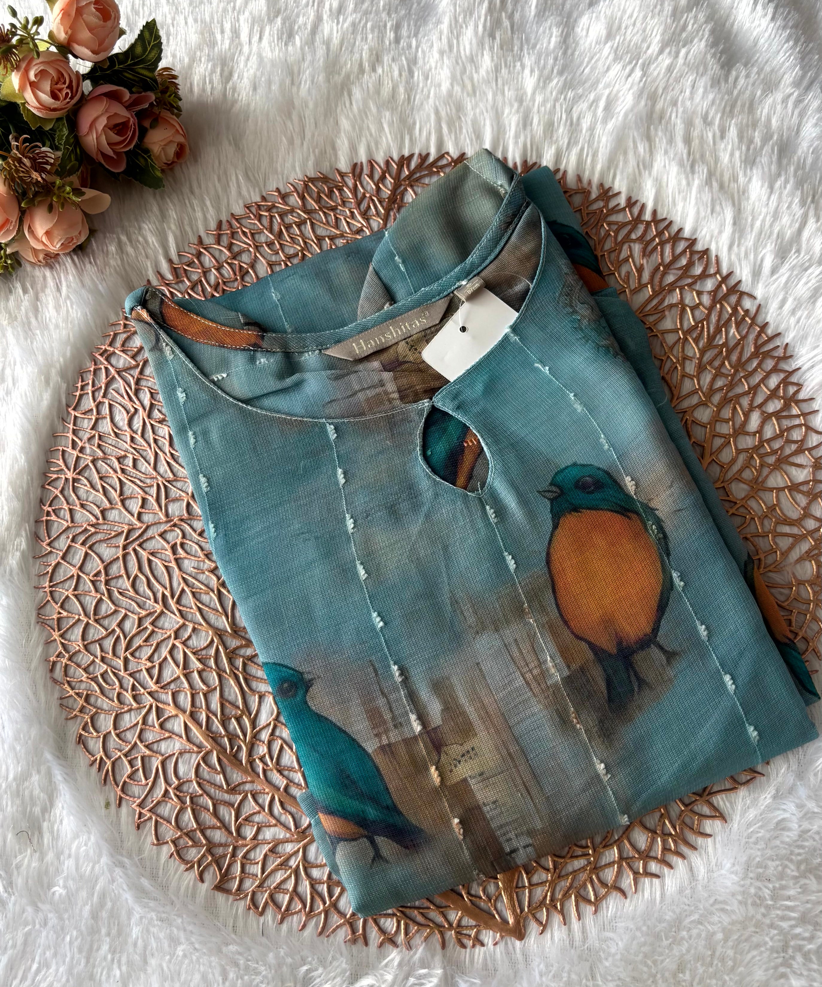 Blue Color Bird Design Boat Neck Premium Linen Bubble Cotton Long Length Kurtis with Lining / LSS167