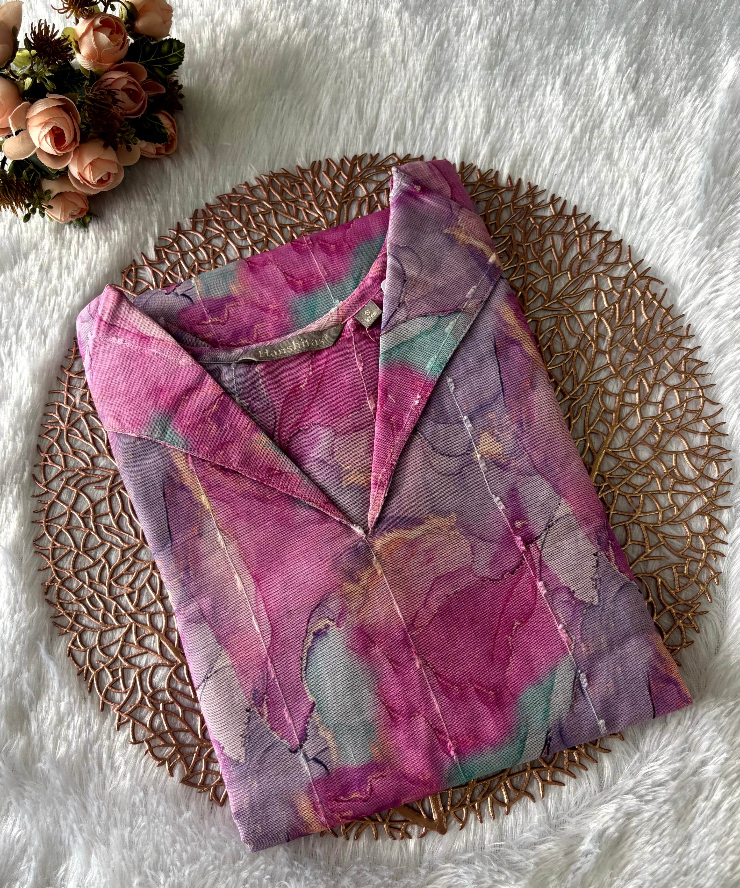 Purple and Pink Color Collar V Neck Premium Linen Bubble Cotton Long Length Kurtis with Lining / LSS167