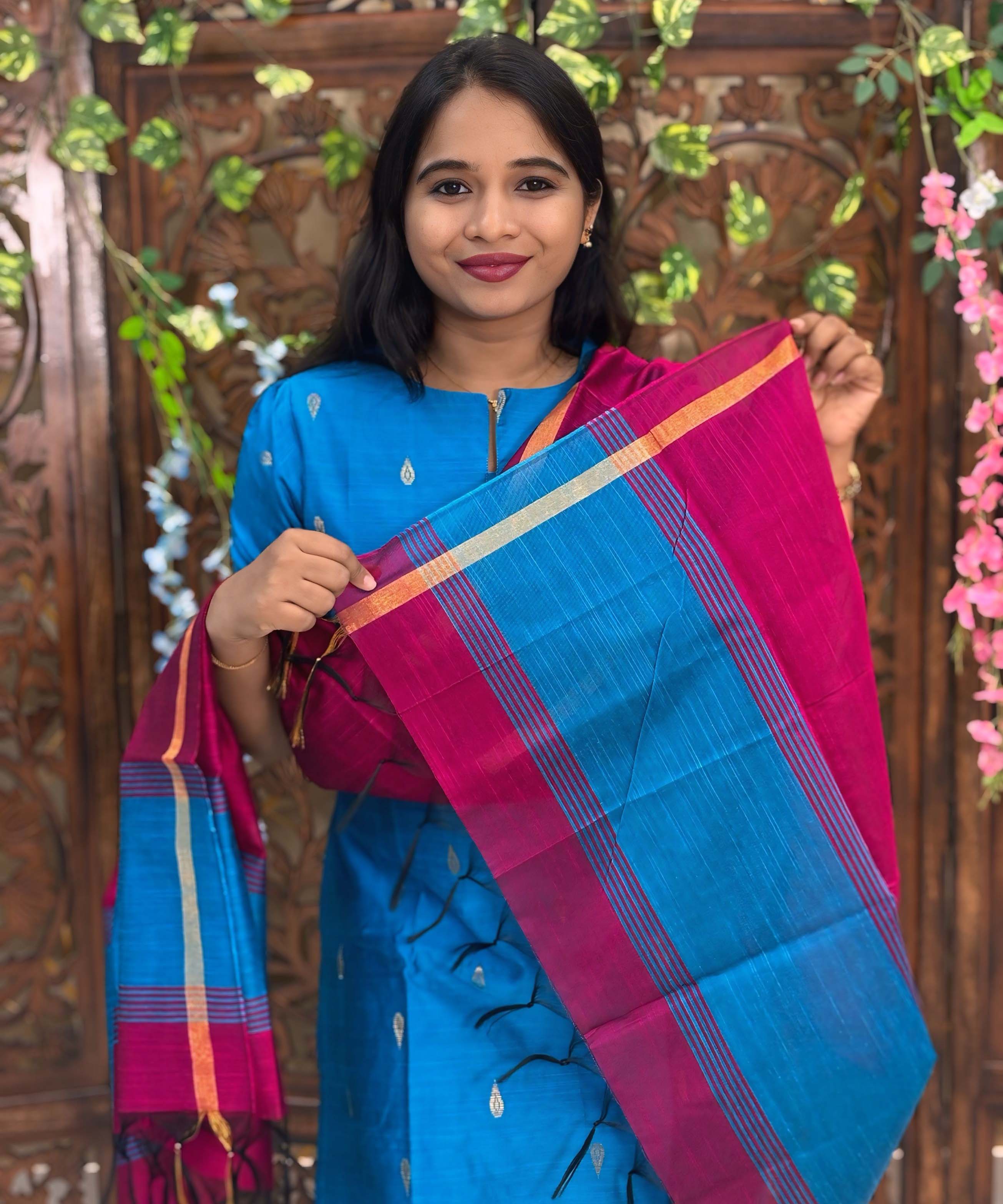 Blue and Pink Color Round Neck Premium Raw Silk 3 Piece Salwar Set with Lining / LSS194