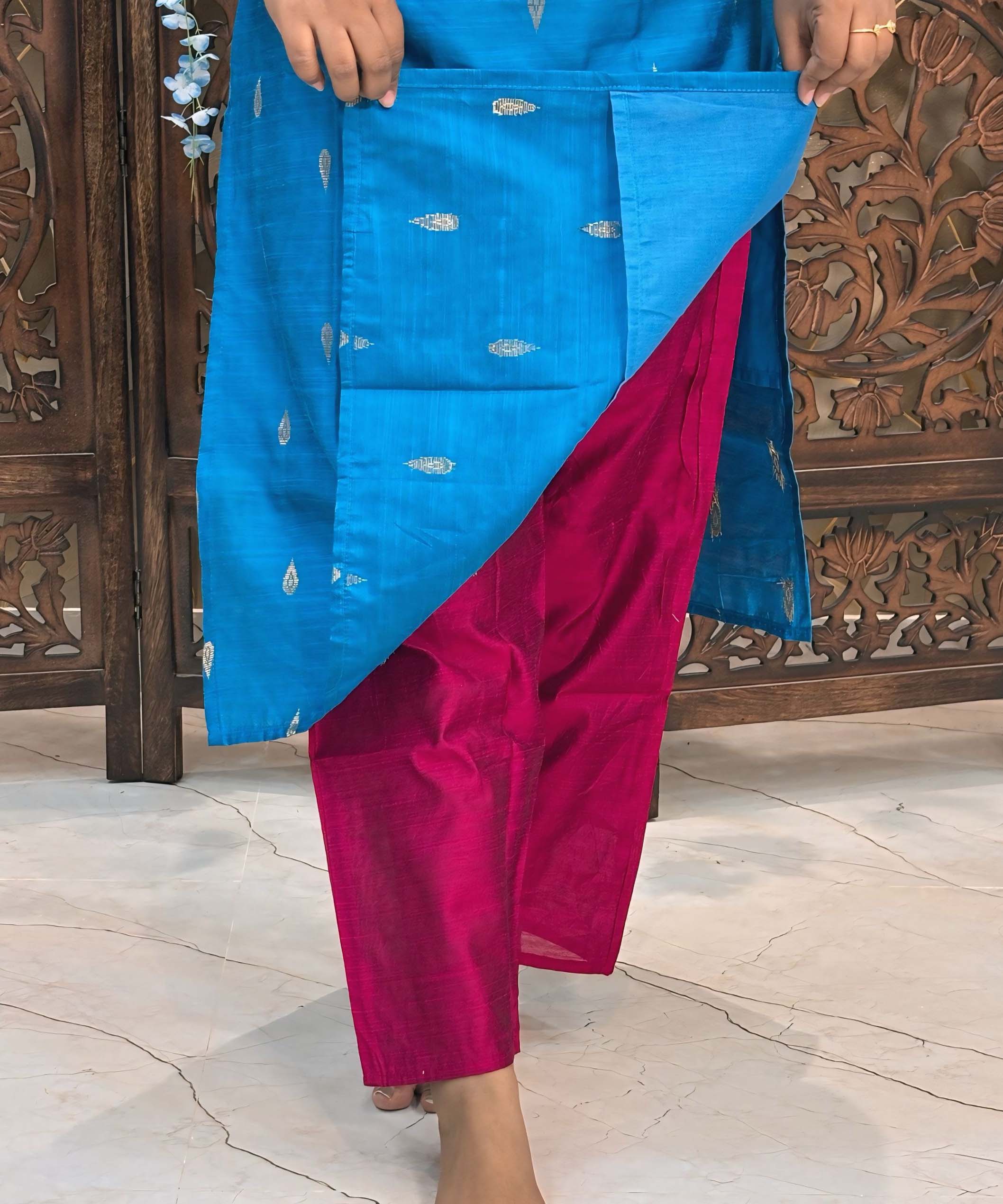 Blue and Pink Color Round Neck Premium Raw Silk 3 Piece Salwar Set with Lining / LSS194