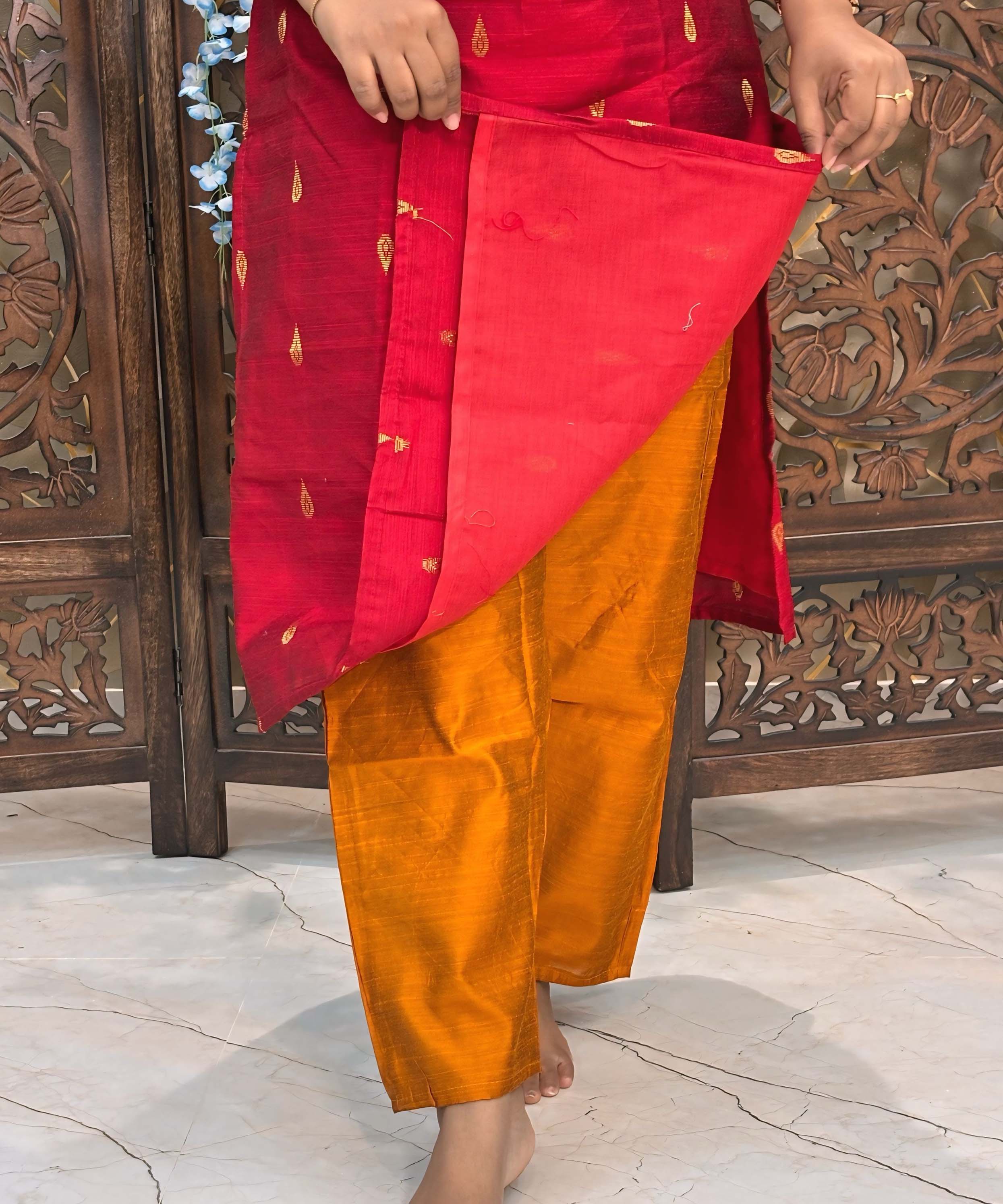 Red and Mustard Yellow Color Sweet Heart Neck Premium Raw Silk 3 Piece Salwar Set with Lining / LSS194