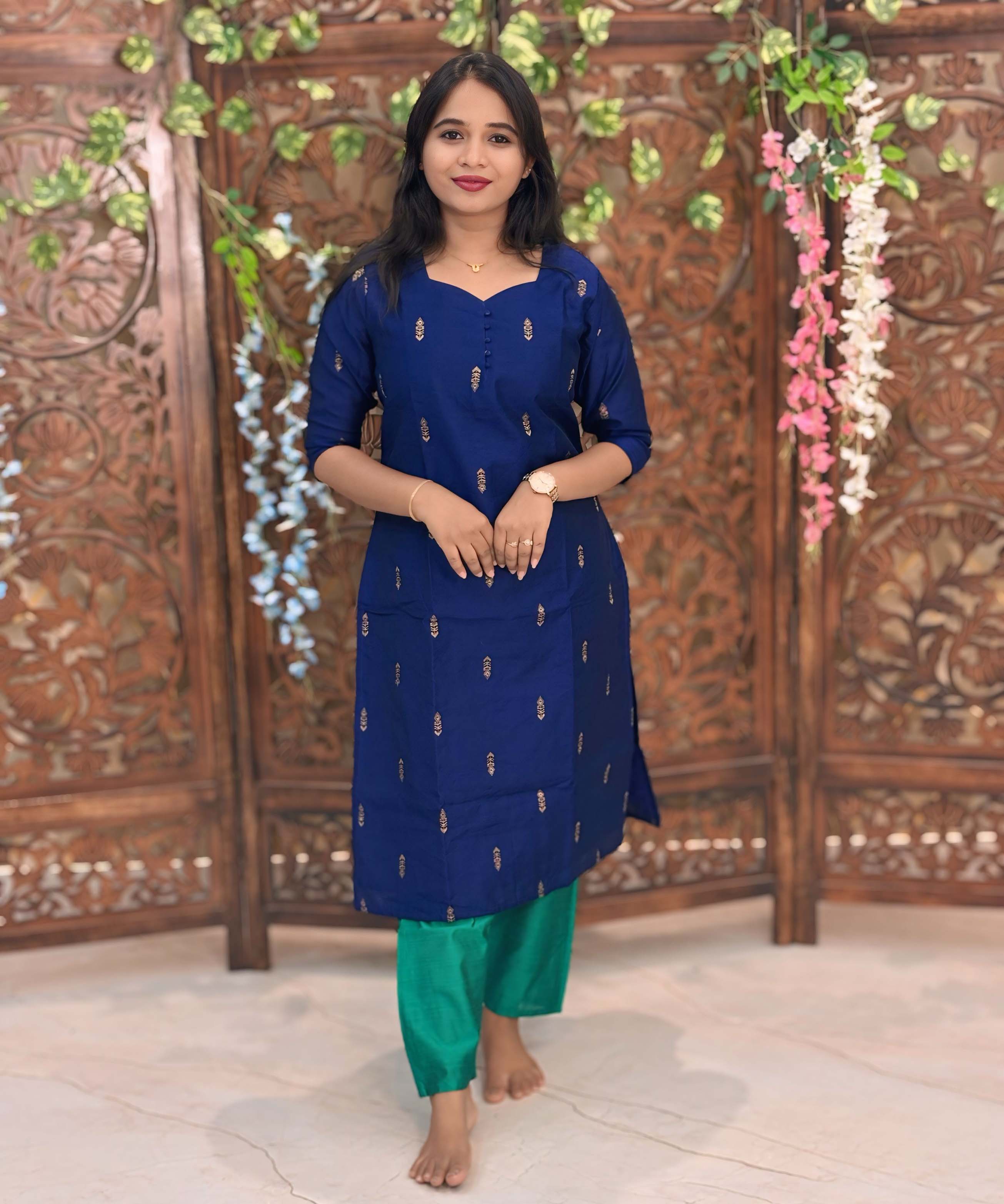 Navy Blue and Rama Green Color Sweet Heart Neck Premium Raw Silk 3 Piece Salwar Set with Lining / LSS194