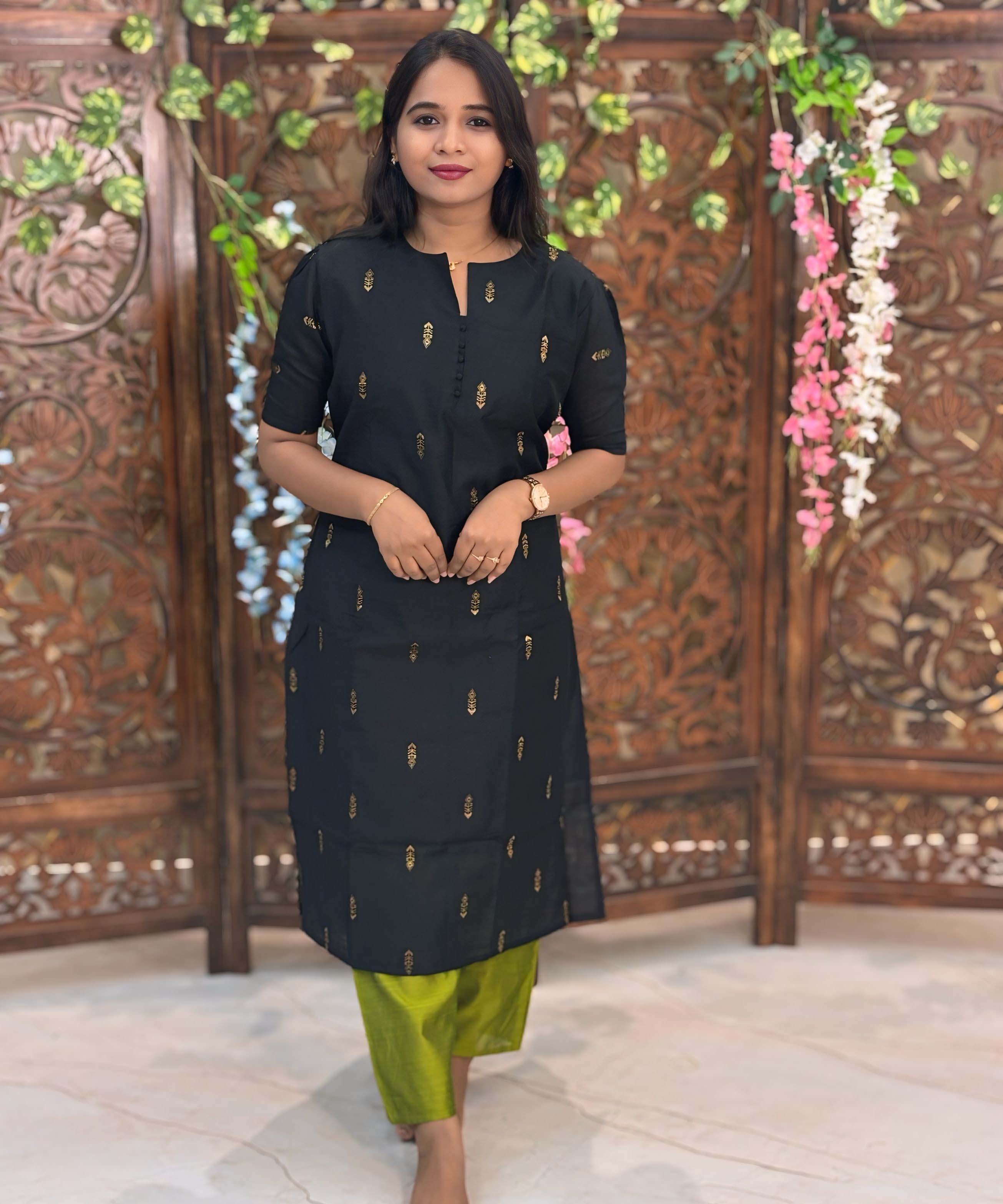 Black and Green Color Round Neck Premium Raw Silk 3 Piece Salwar Set with Lining / LSS194