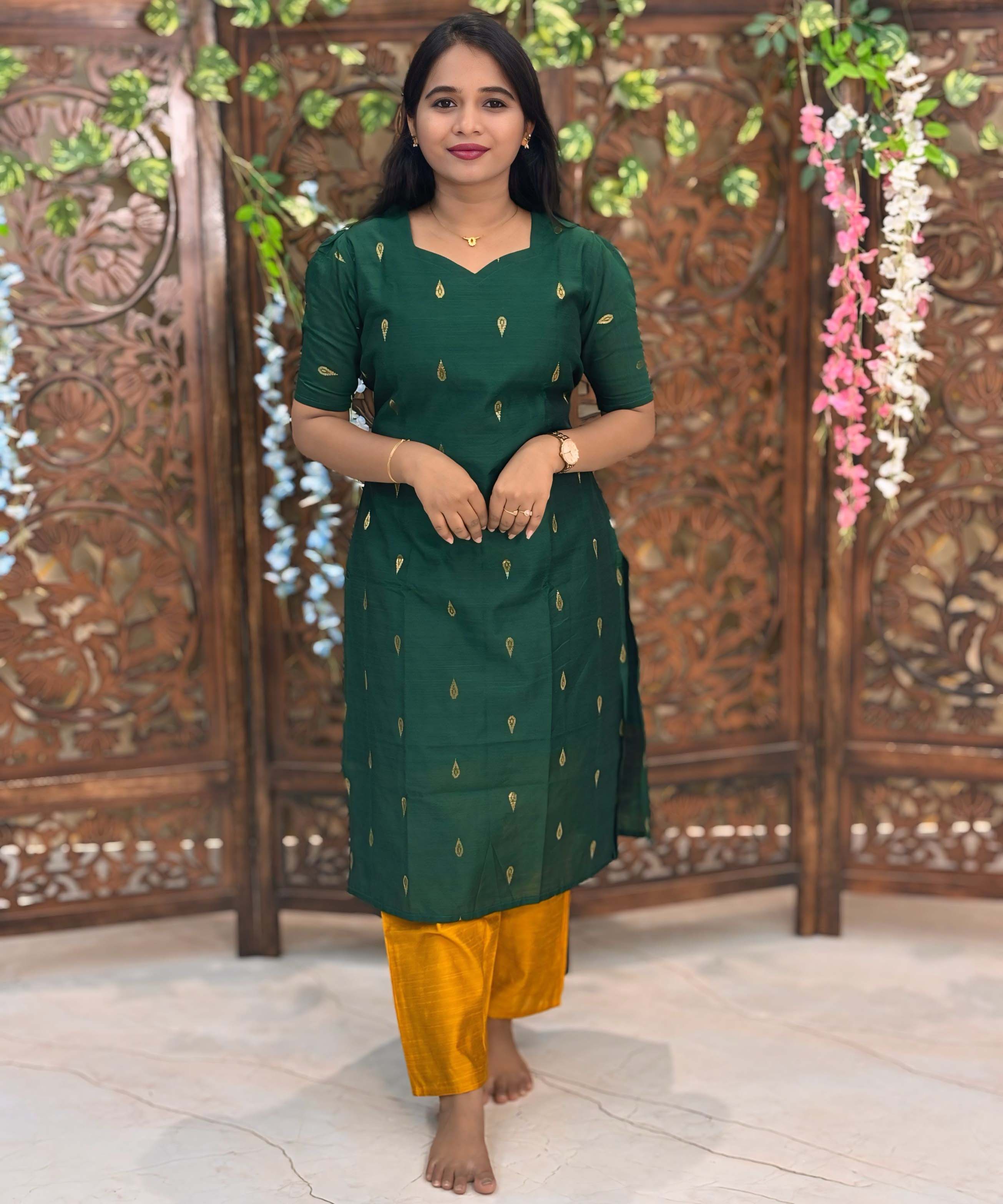 Green and Yellow Color Sweet Heart Neck Premium Raw Silk 3 Piece Salwar Set with Lining / LSS194