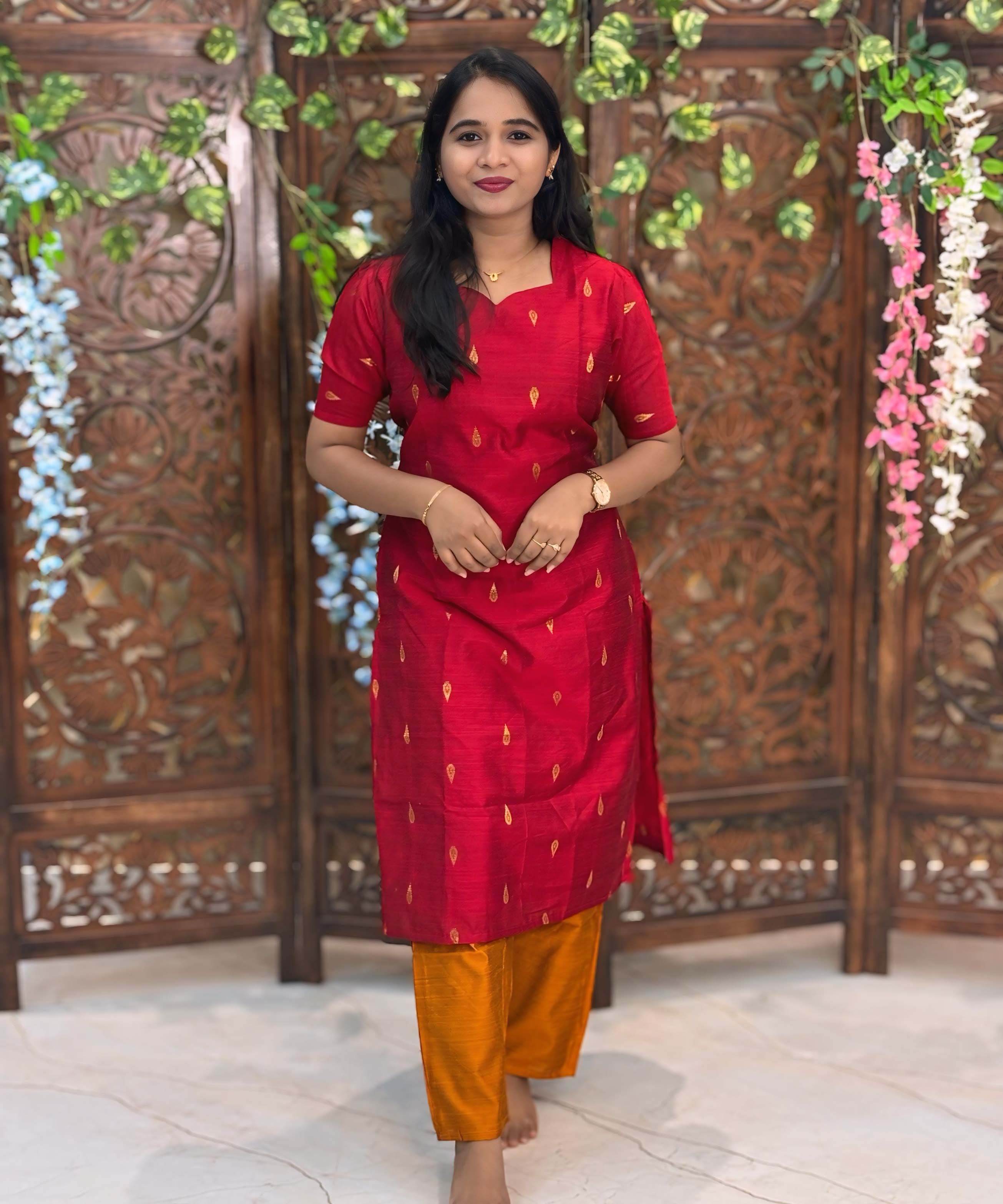 Red and Mustard Yellow Color Sweet Heart Neck Premium Raw Silk 3 Piece Salwar Set with Lining / LSS194
