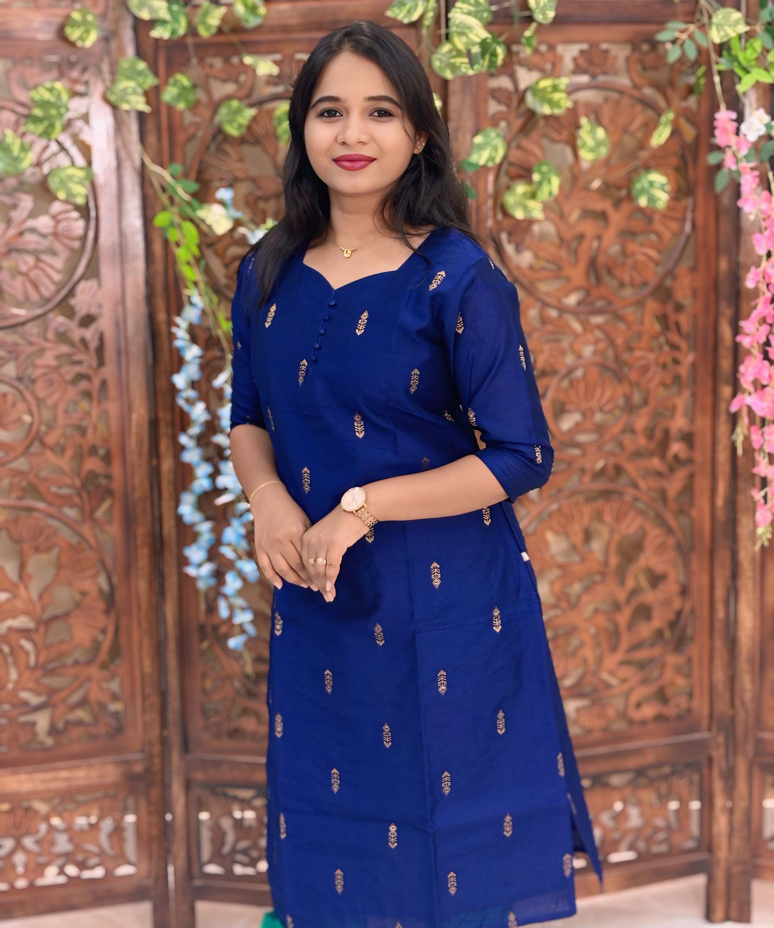 Navy Blue and Rama Green Color Sweet Heart Neck Premium Raw Silk 3 Piece Salwar Set with Lining / LSS194