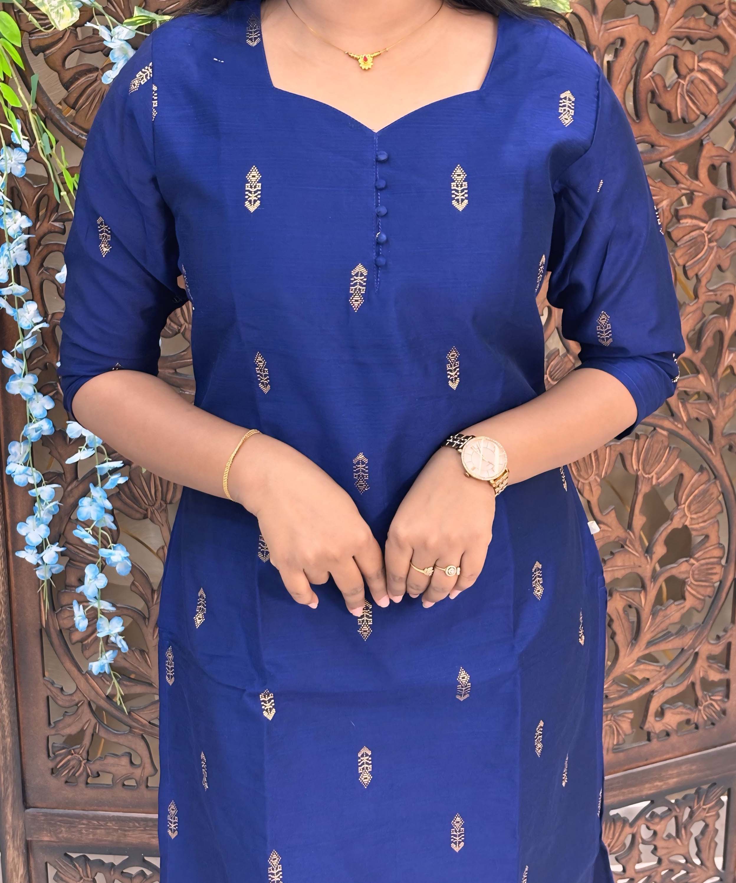 Navy Blue and Rama Green Color Sweet Heart Neck Premium Raw Silk 3 Piece Salwar Set with Lining / LSS194