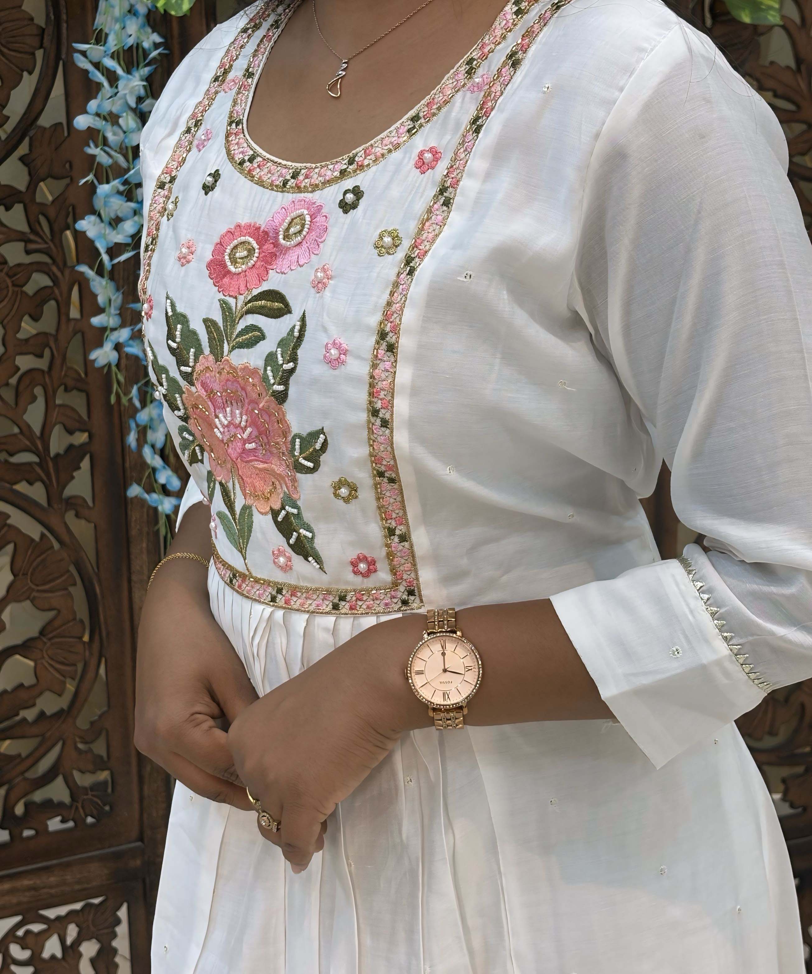 White Color Premium Roman Silk Anarkali and Organza Dupatta / ESS319