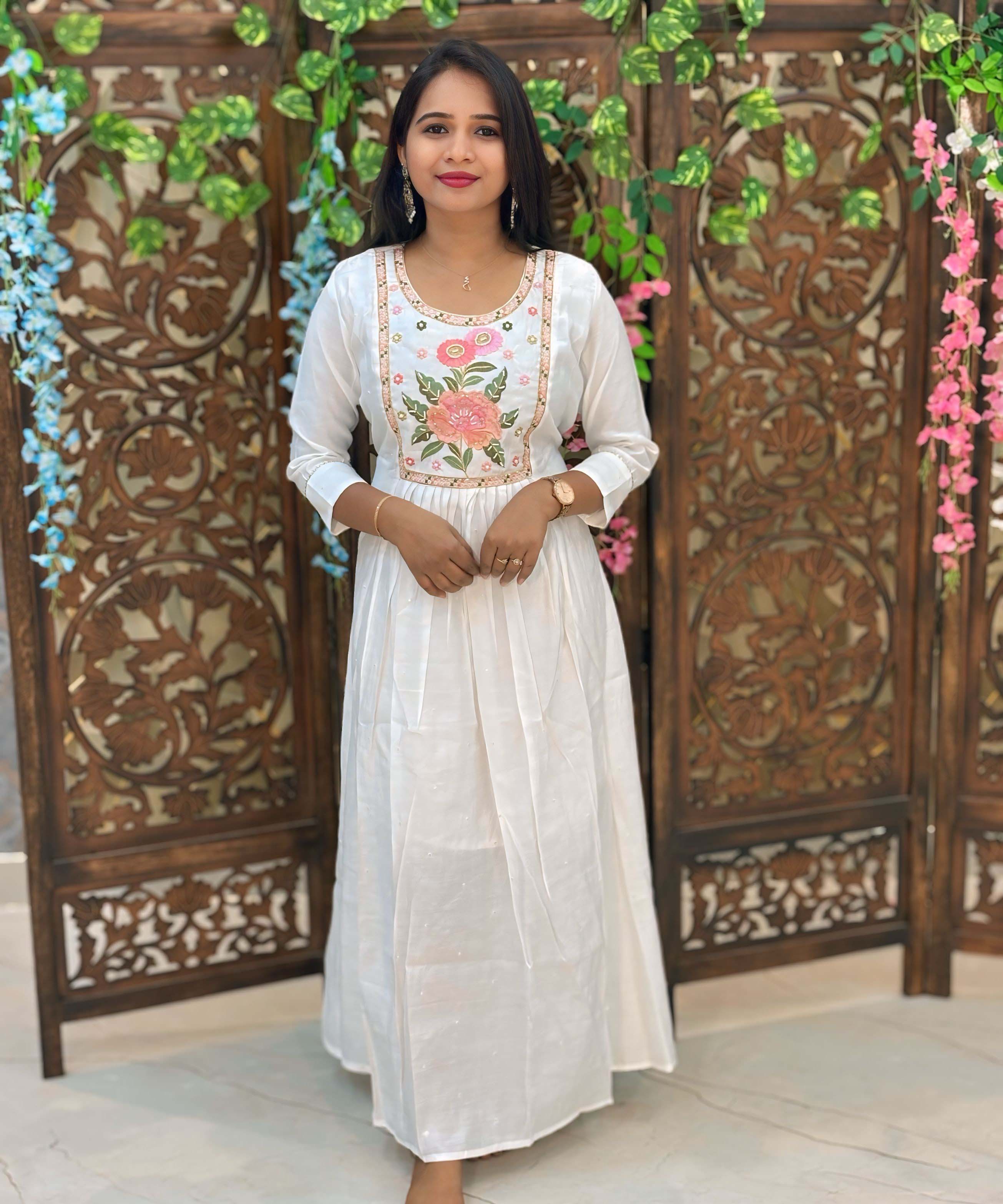 White Color Premium Roman Silk Anarkali and Organza Dupatta / ESS319