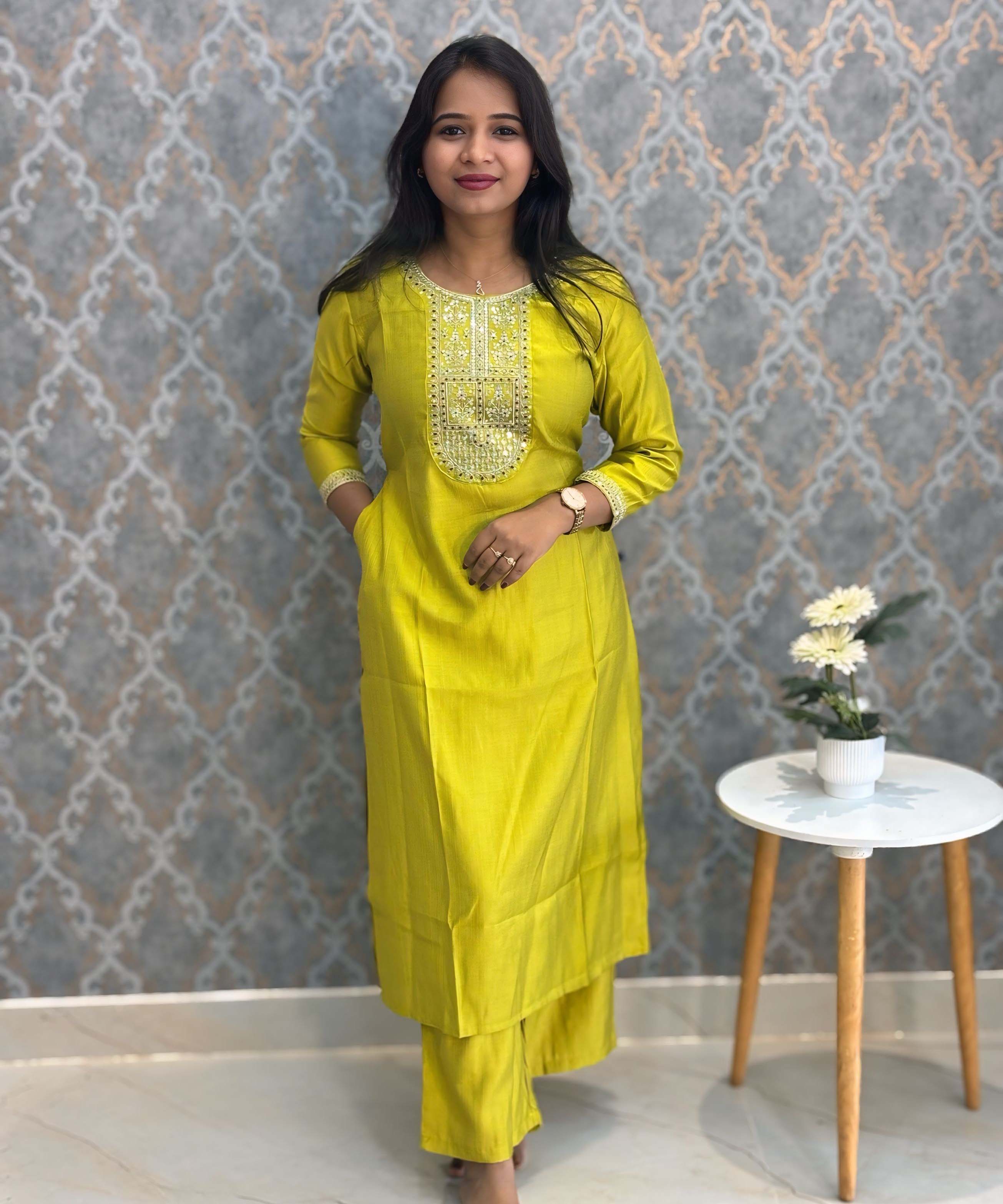 Lemon Yellow Color Premium Vatican Silk Co-ord Set with Pocket / LSS171