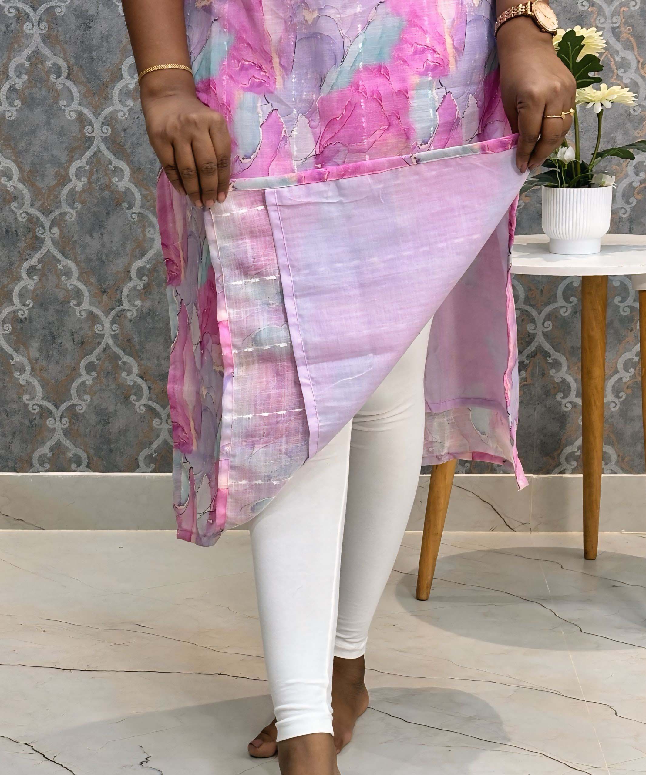 Purple and Pink Color Collar V Neck Premium Linen Bubble Cotton Long Length Kurtis with Lining / LSS167