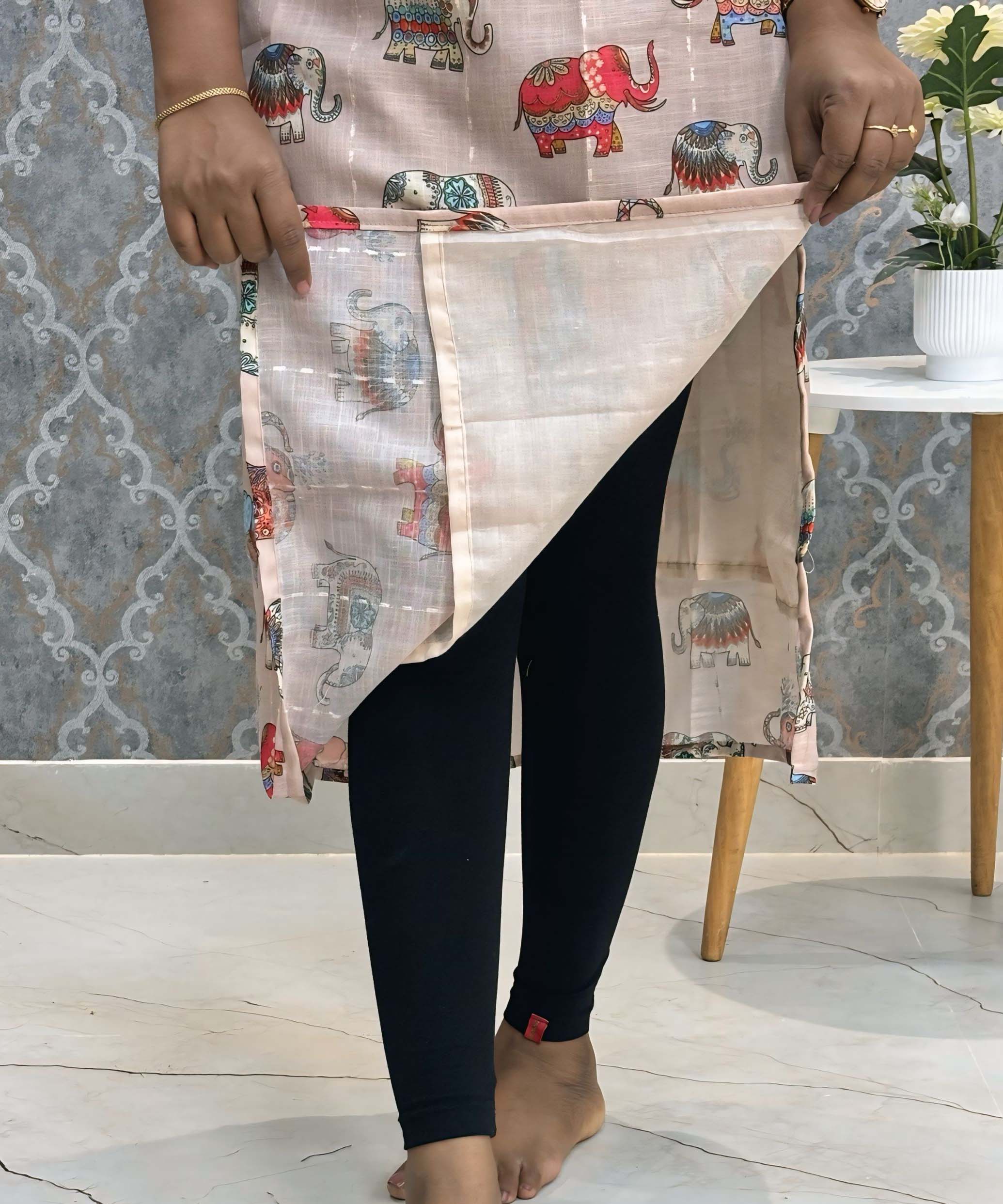 Beige Color Elephant Design Collar V Neck Premium Linen Bubble Cotton Kurti with Lining / LSS167