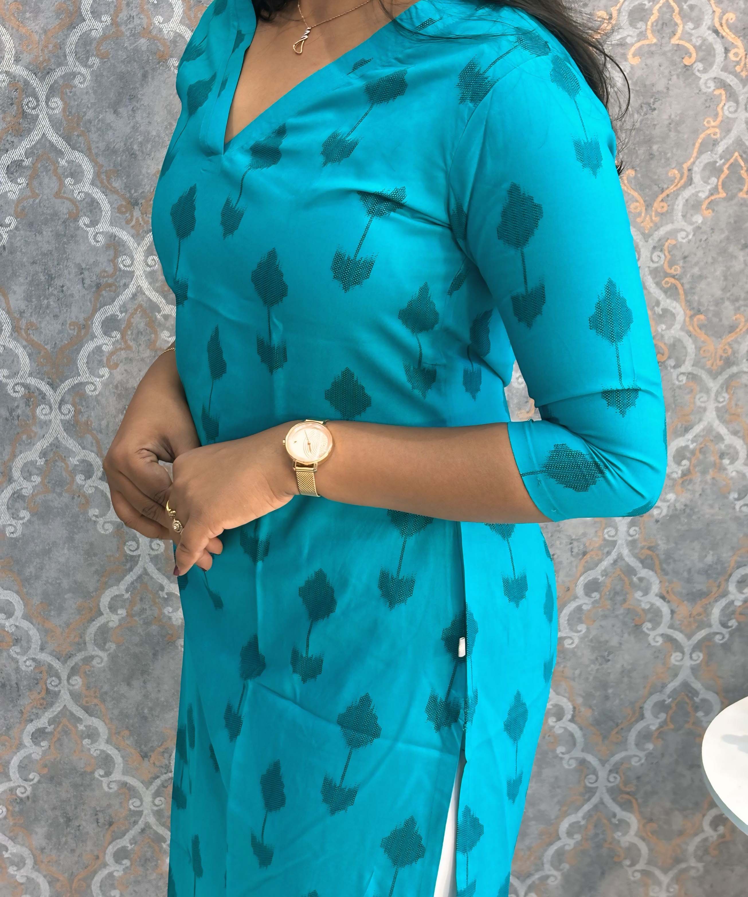 Turquoise Blue Color Rayon Straight Cut V Neck Kurti with Pocket / LSS172