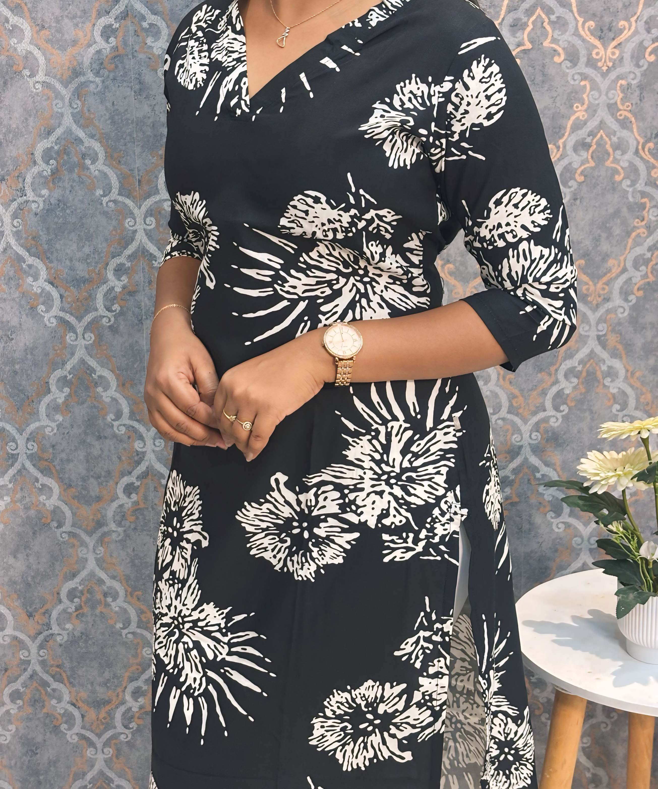 Black and White Color Floral Rayon Straight Cut V Neck Kurti with Pocket / LSS172
