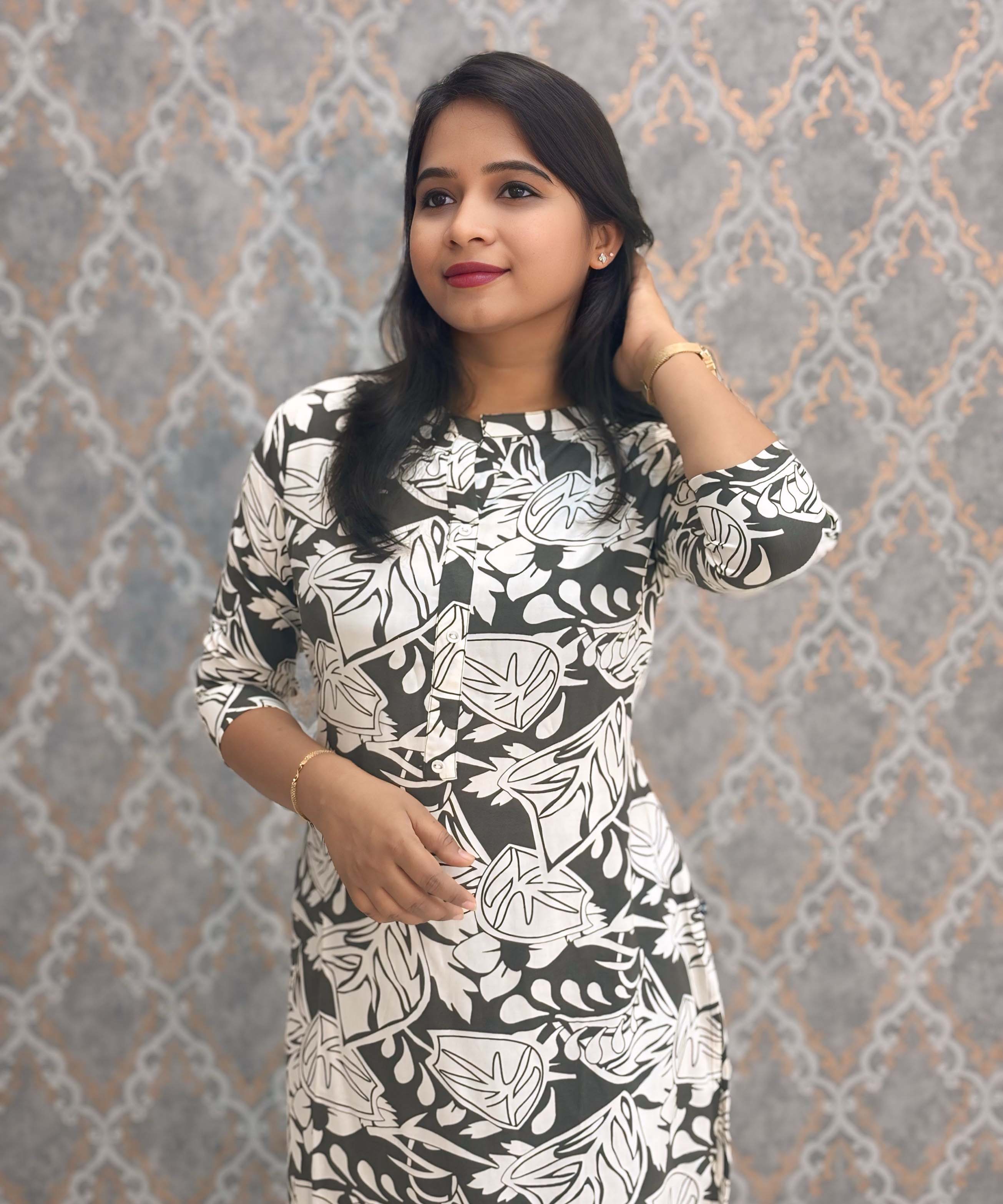 Black and Beige Color Rayon Straight Cut Kurti with Chinese Collar Neck / LSS162