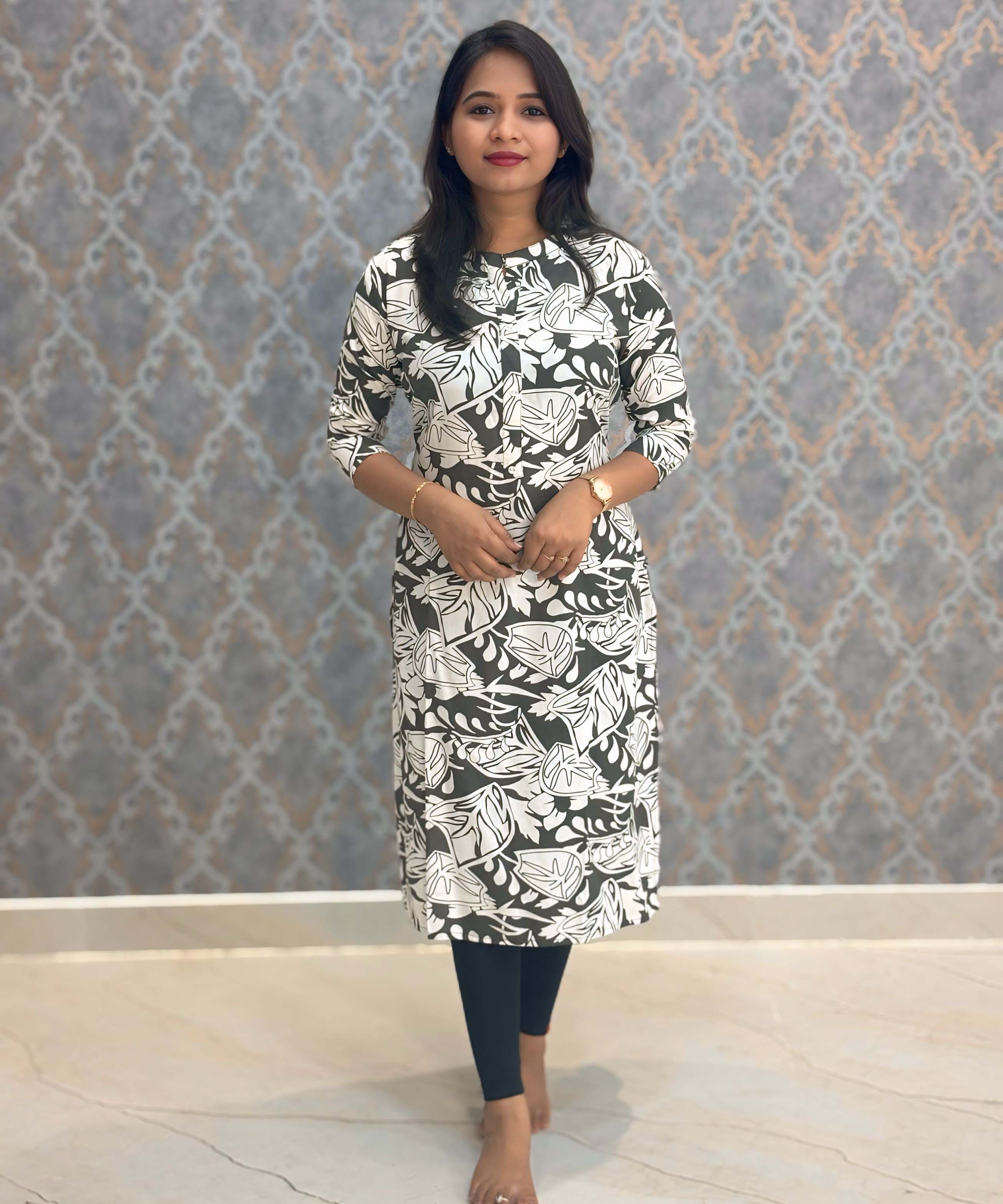 Black and Beige Color Rayon Straight Cut Kurti with Chinese Collar Neck / LSS162