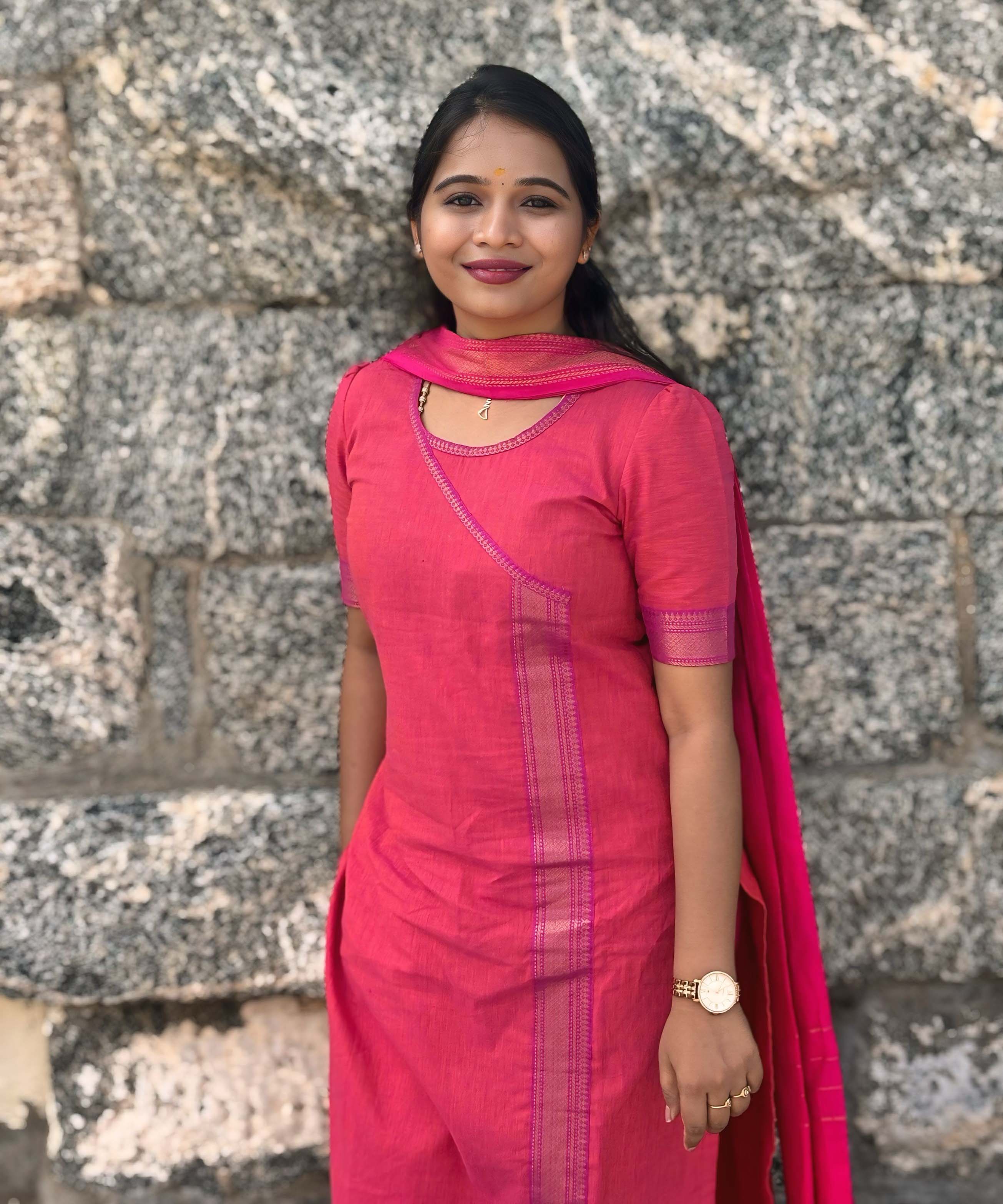 Reddish Pink(Pink with Orange) and Purple Color Premium Handloom Mangalagiri Cotton Salwar Set with Pocket / PC005