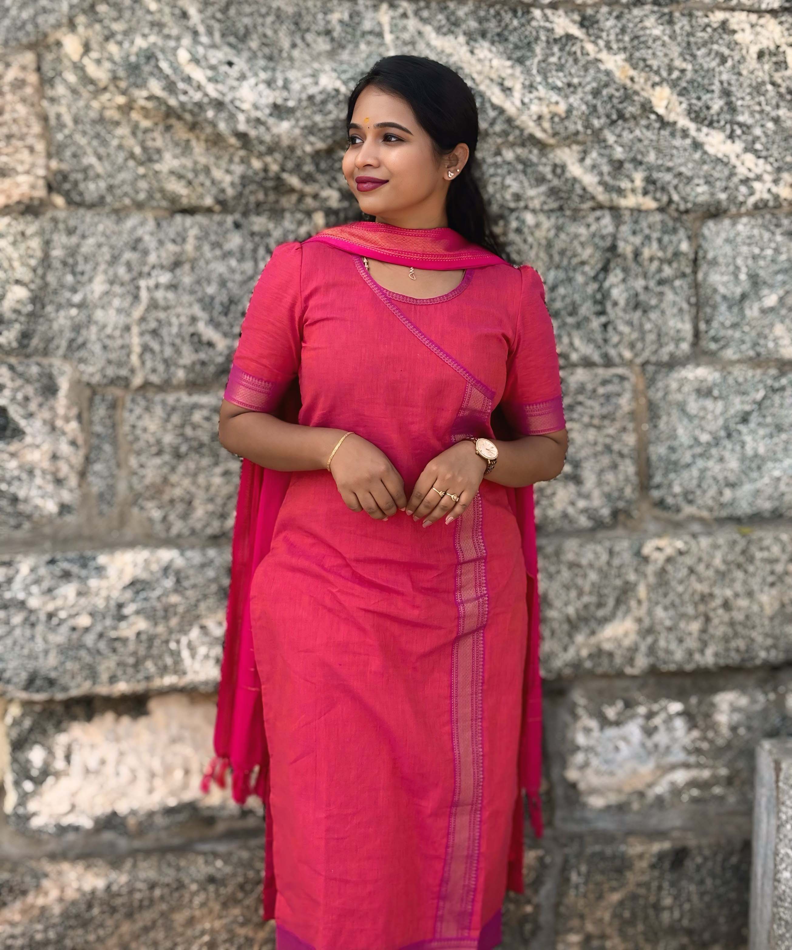 Reddish Pink(Pink with Orange) and Purple Color Premium Handloom Mangalagiri Cotton Salwar Set with Pocket / PC005