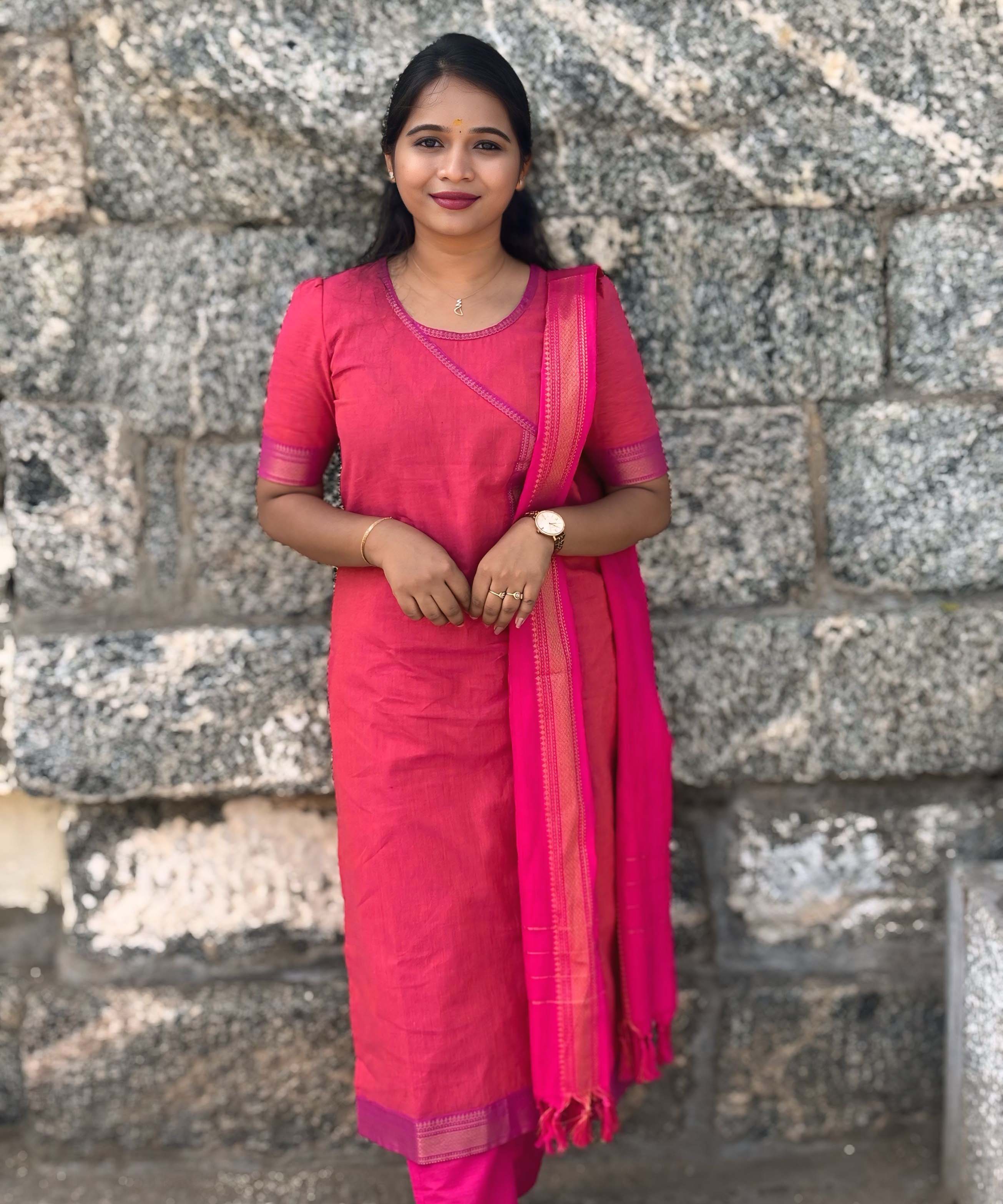 Reddish Pink(Pink with Orange) and Purple Color Premium Handloom Mangalagiri Cotton Salwar Set with Pocket / PC005
